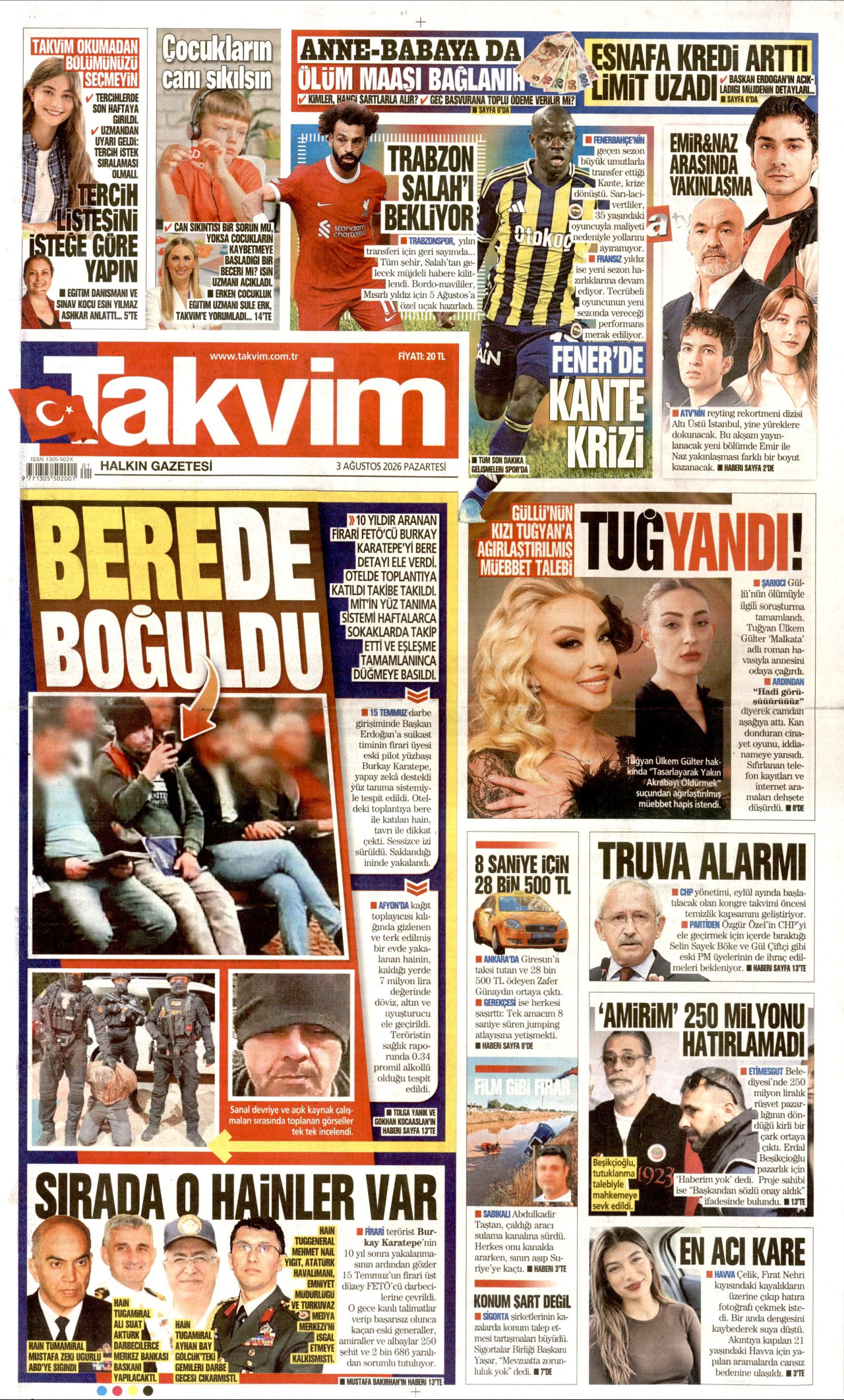 TAKVİM gazetesinin 3 Ağustos 2026 tarihli birinci sayfası