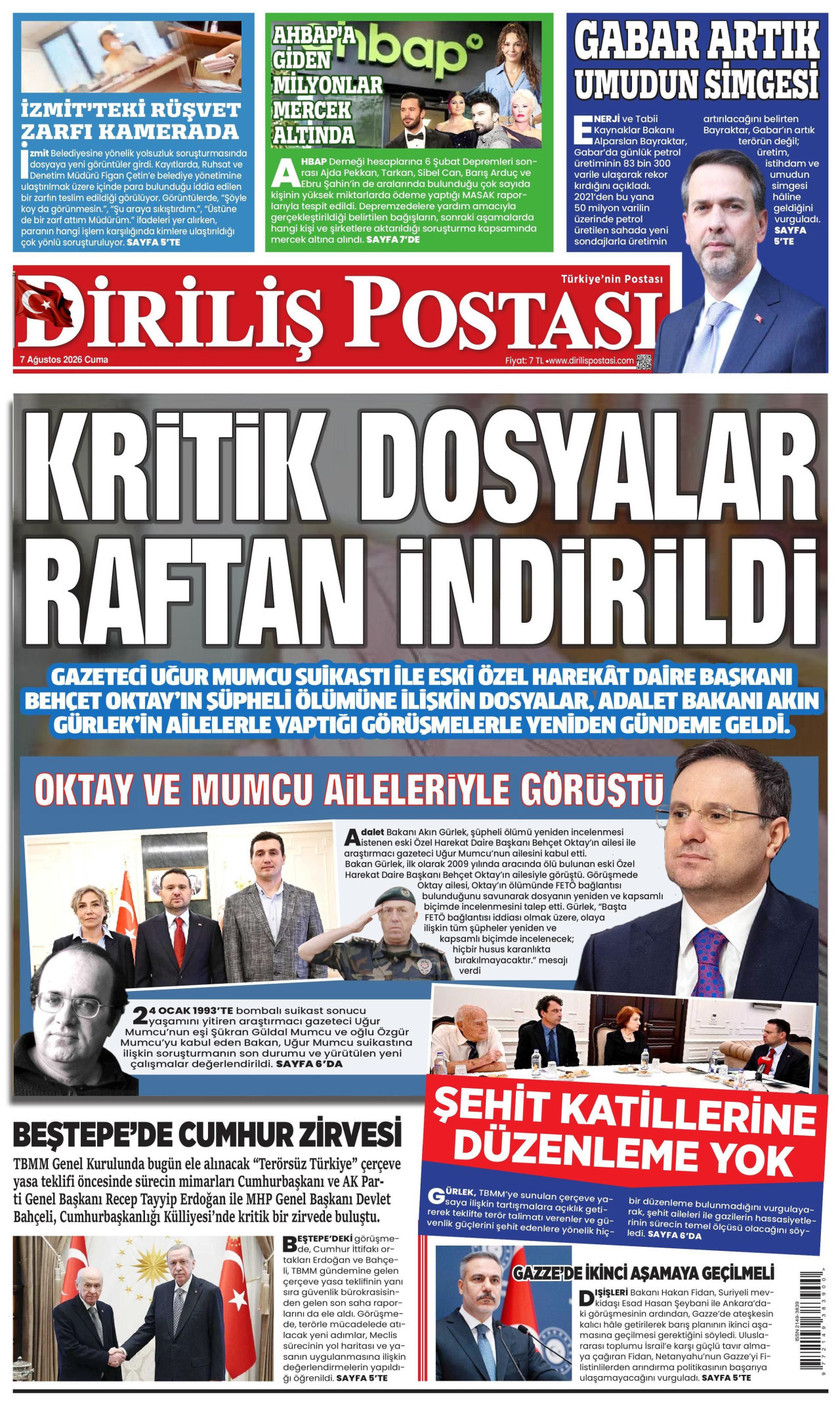 DİRİLİŞ POSTASI gazetesinin 7 Ağustos 2026 tarihli birinci sayfası