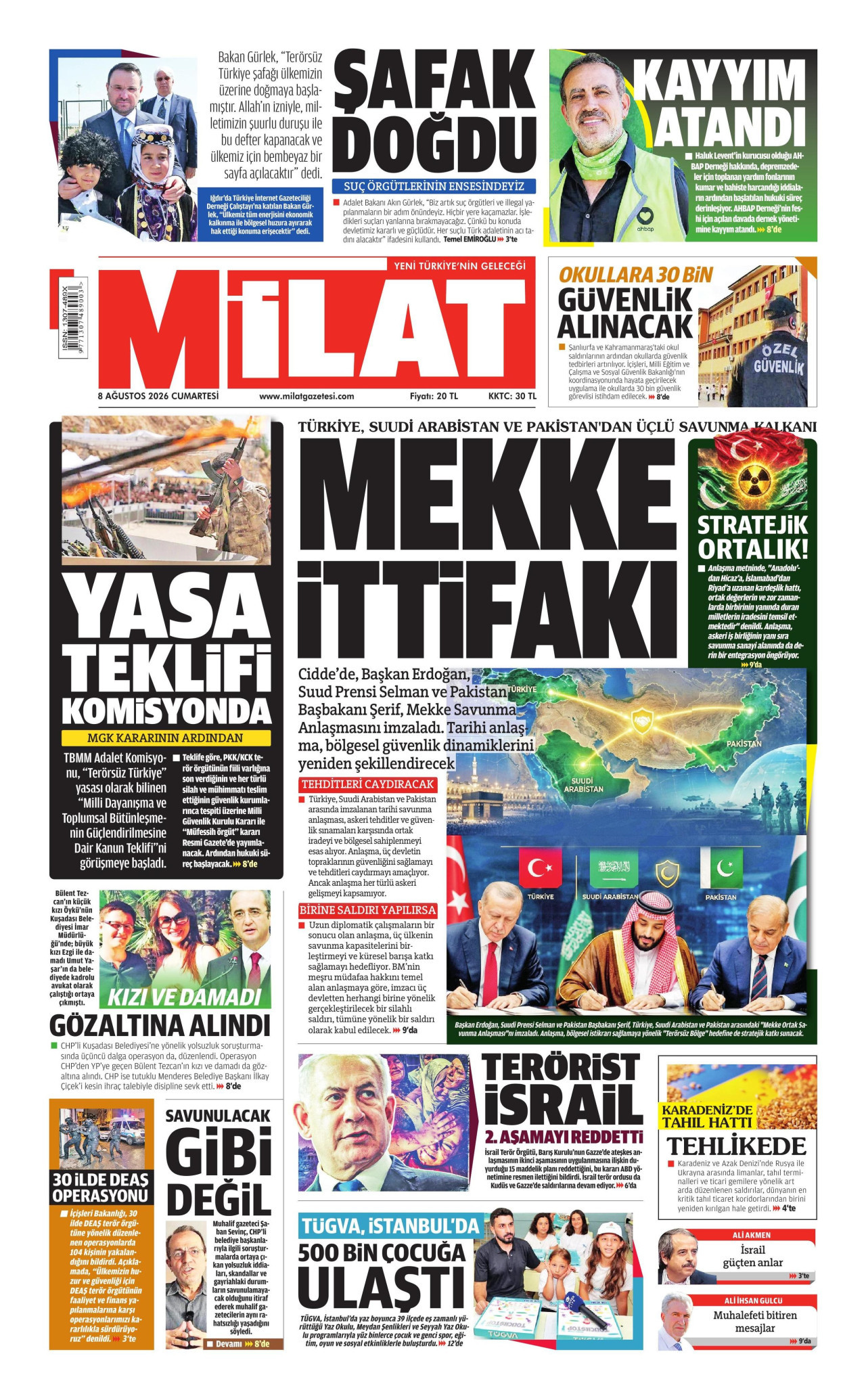 MİLAT gazetesinin 8 Ağustos 2026 tarihli birinci sayfası
