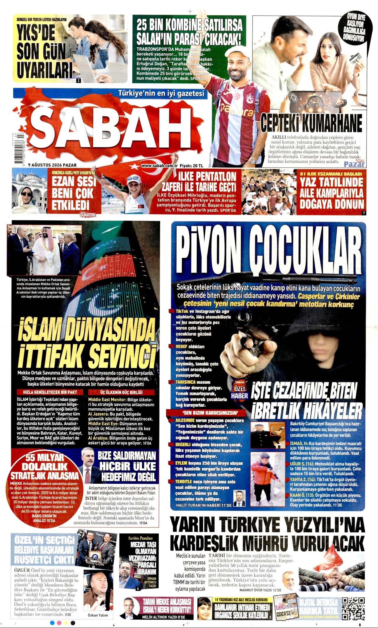 SABAH gazetesinin 9 Ağustos 2026 tarihli birinci sayfası