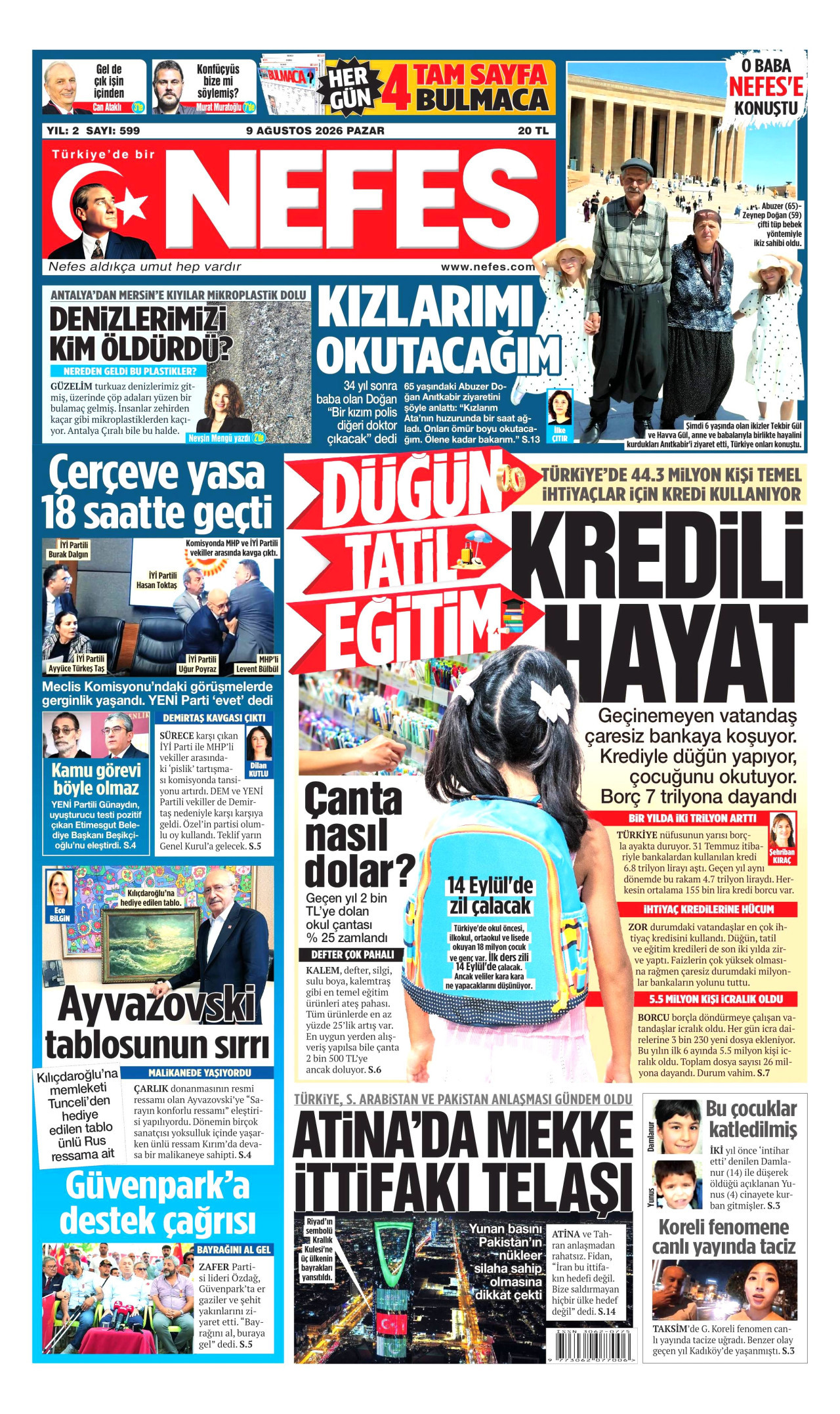 NEFES gazetesinin 9 Ağustos 2026 tarihli birinci sayfası