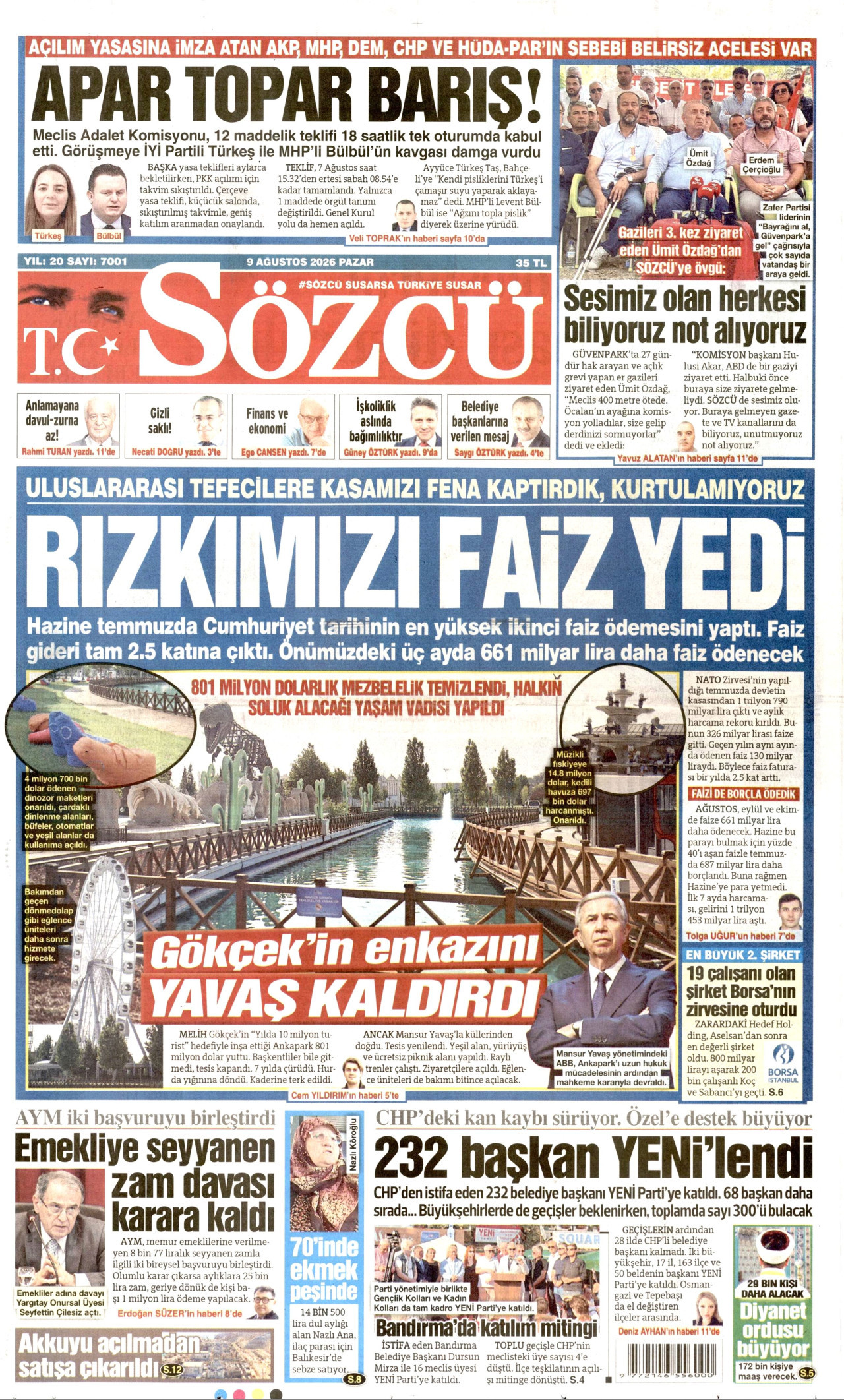 SÖZCÜ gazetesinin 9 Ağustos 2026 tarihli birinci sayfası