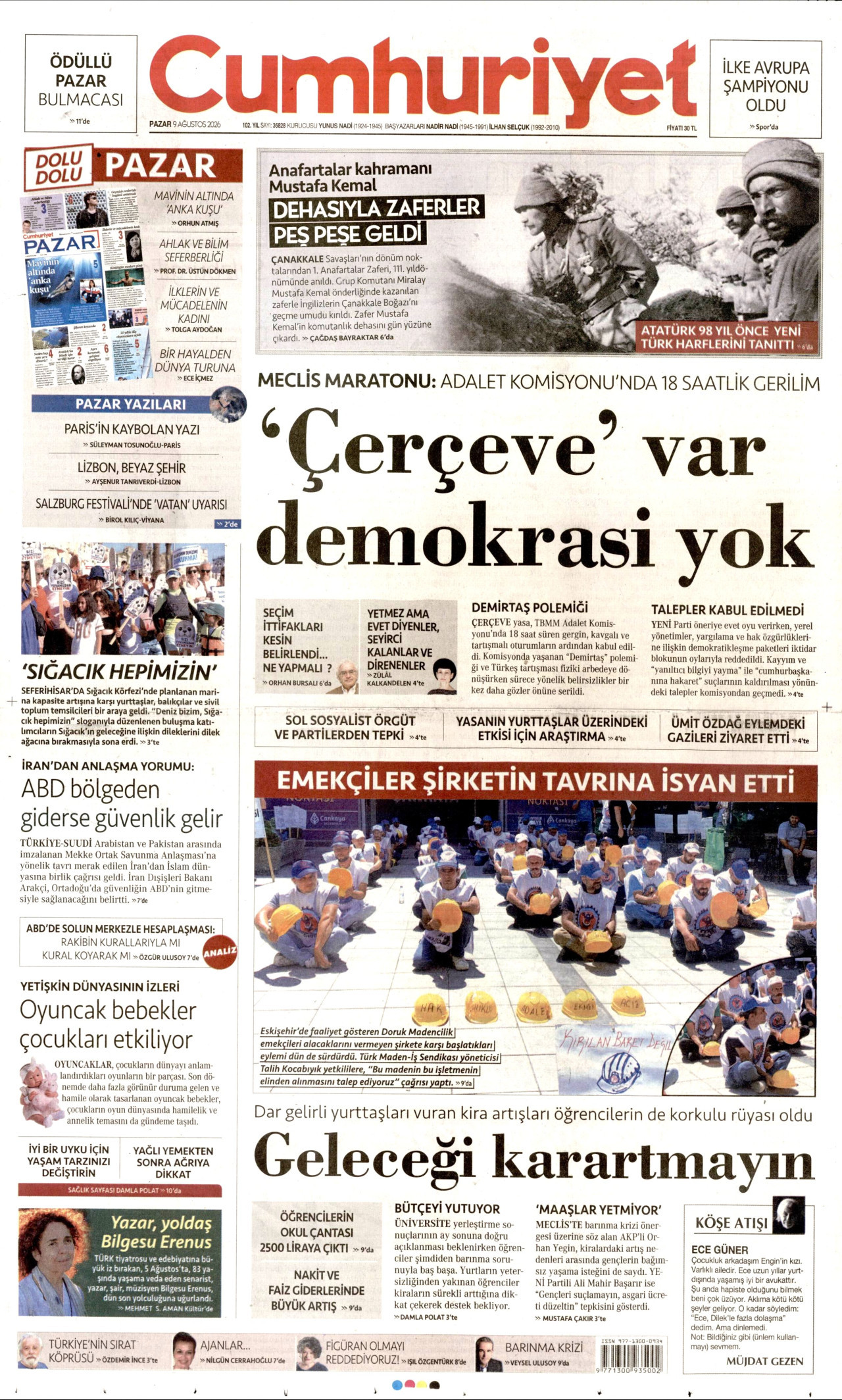 CUMHURİYET gazetesinin 9 Ağustos 2026 tarihli birinci sayfası
