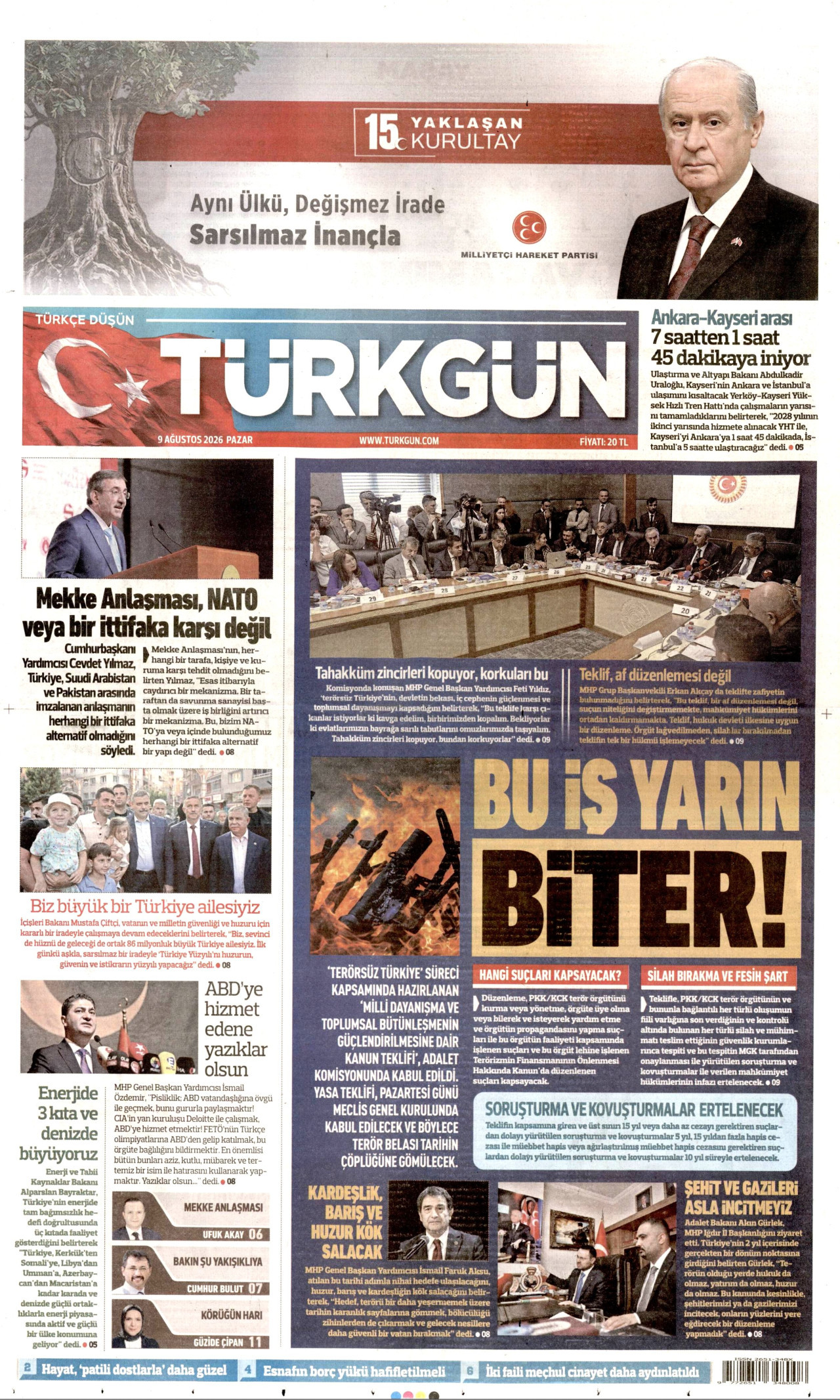 TÜRKGÜN gazetesinin 9 Ağustos 2026 tarihli birinci sayfası
