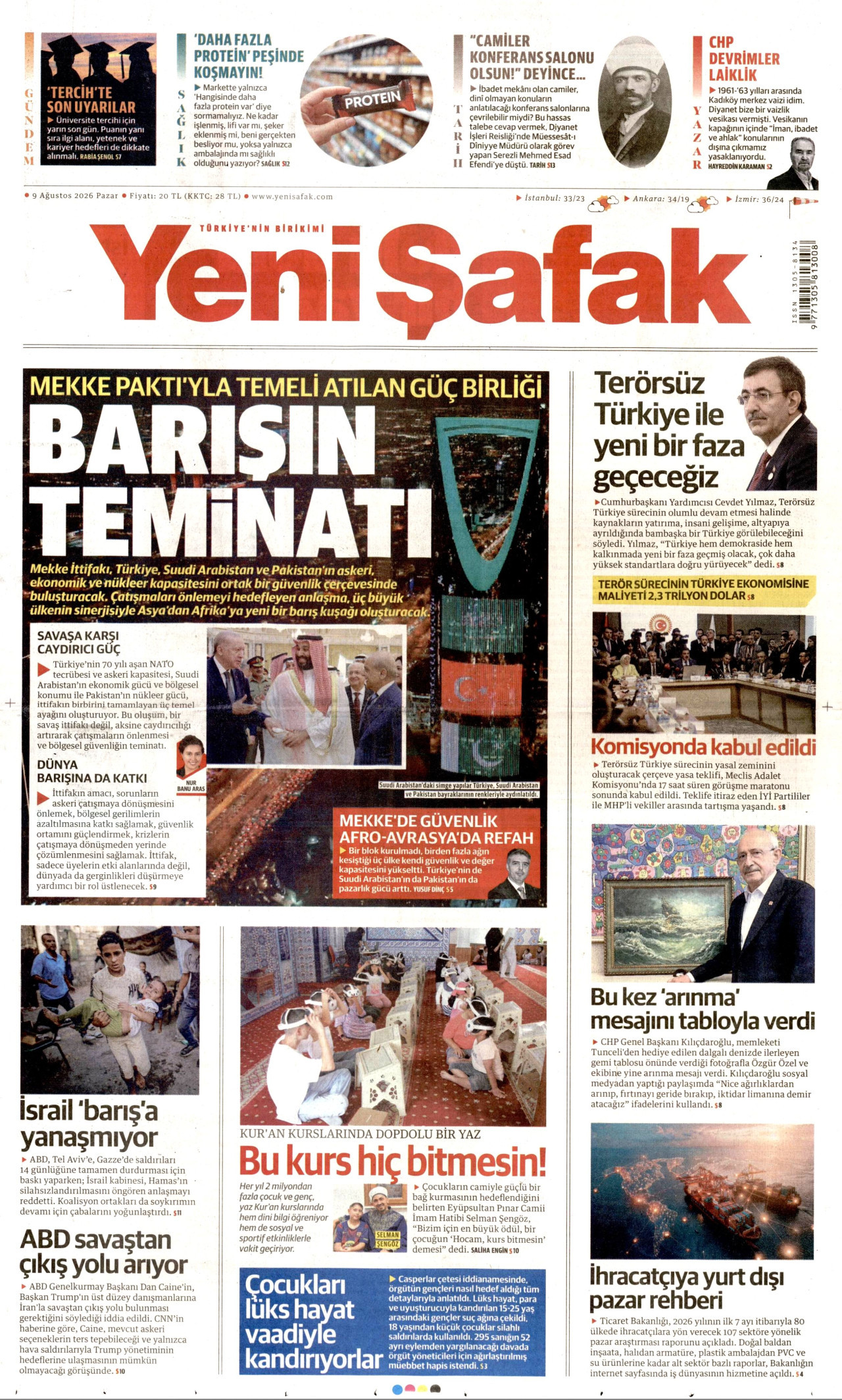 YENİ ŞAFAK gazetesinin 9 Ağustos 2026 tarihli birinci sayfası