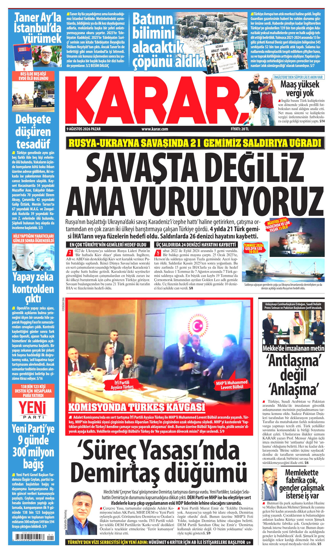 KARAR gazetesinin 9 Ağustos 2026 tarihli birinci sayfası