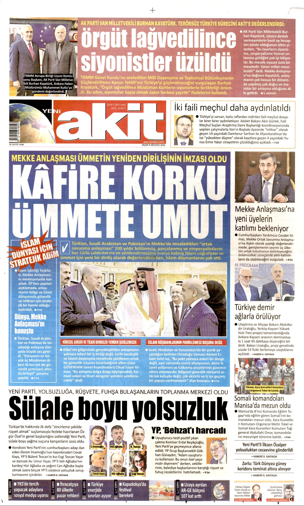 YENİ AKİT gazetesinin 9 Ağustos 2026 tarihli birinci sayfası