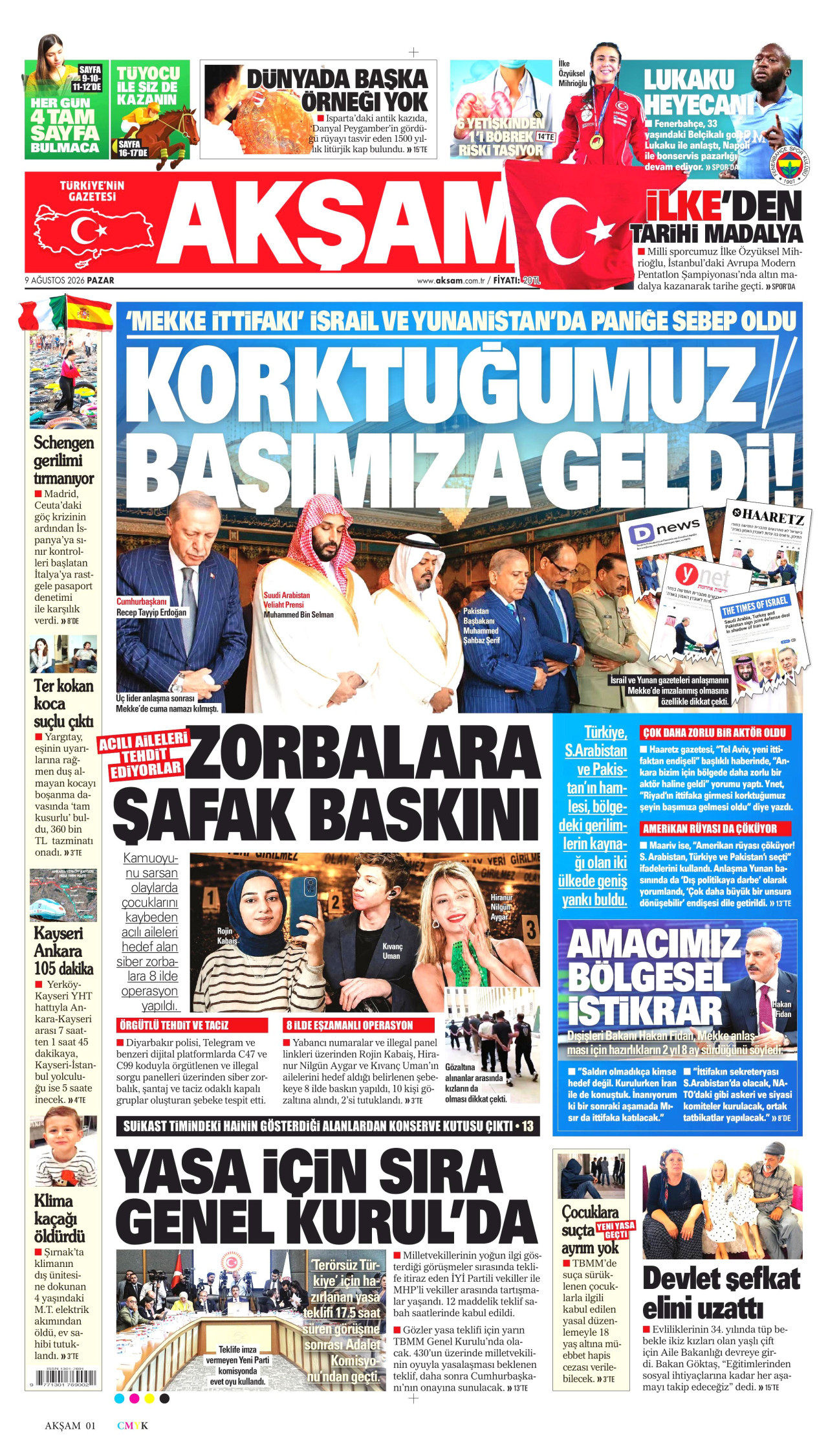 AKŞAM gazetesinin 9 Ağustos 2026 tarihli birinci sayfası
