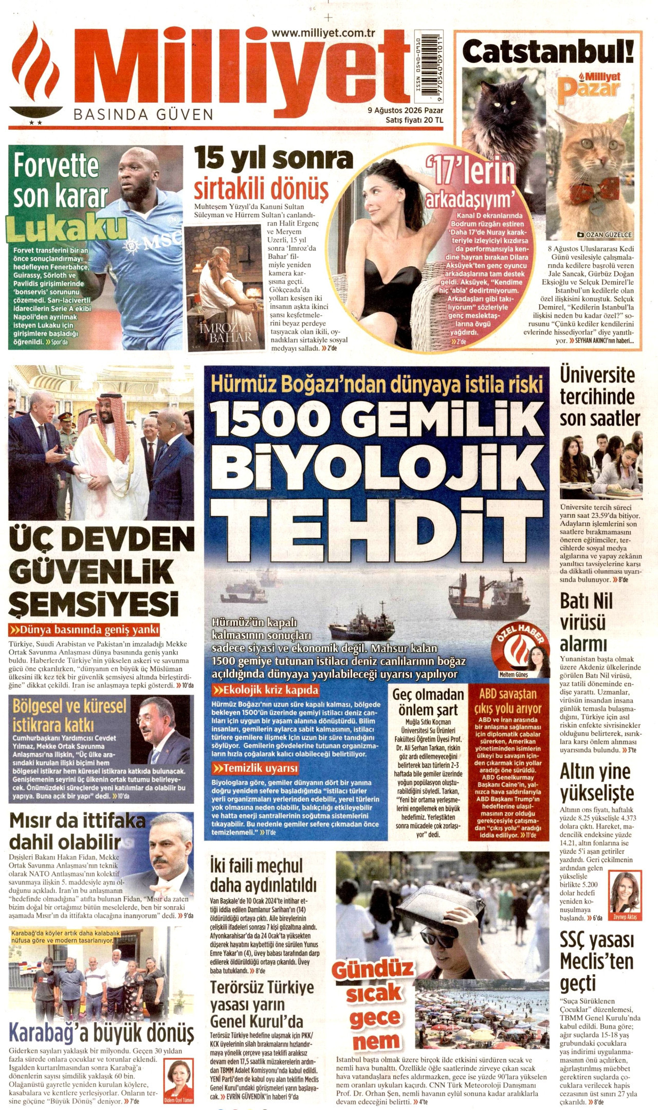MİLLİYET gazetesinin 9 Ağustos 2026 tarihli birinci sayfası