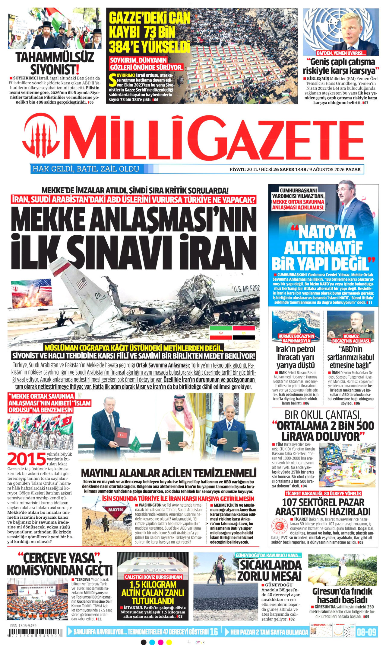 MİLLİ GAZETE gazetesinin 9 Ağustos 2026 tarihli birinci sayfası