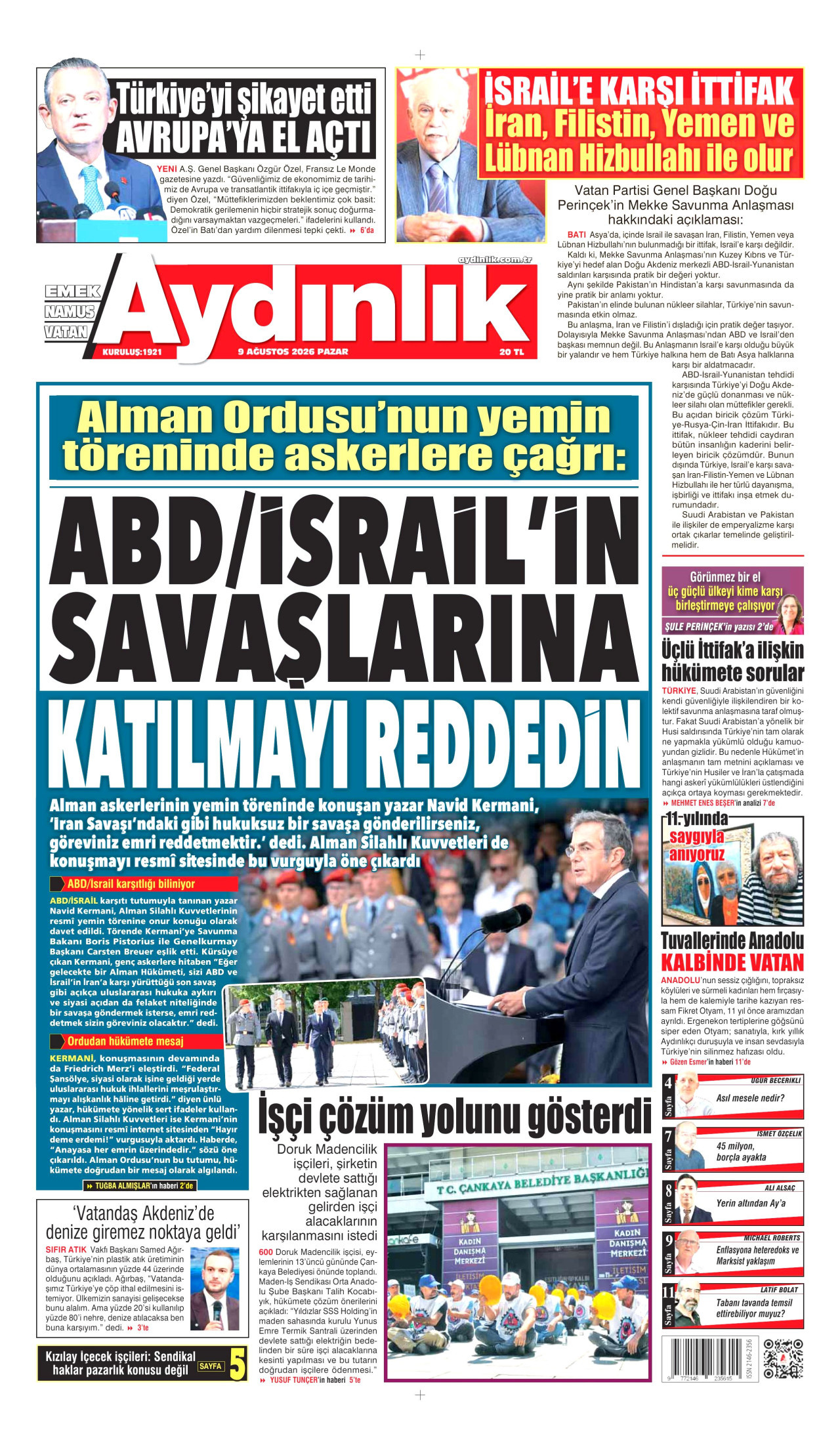 AYDINLIK GAZETESİ gazetesinin 9 Ağustos 2026 tarihli birinci sayfası