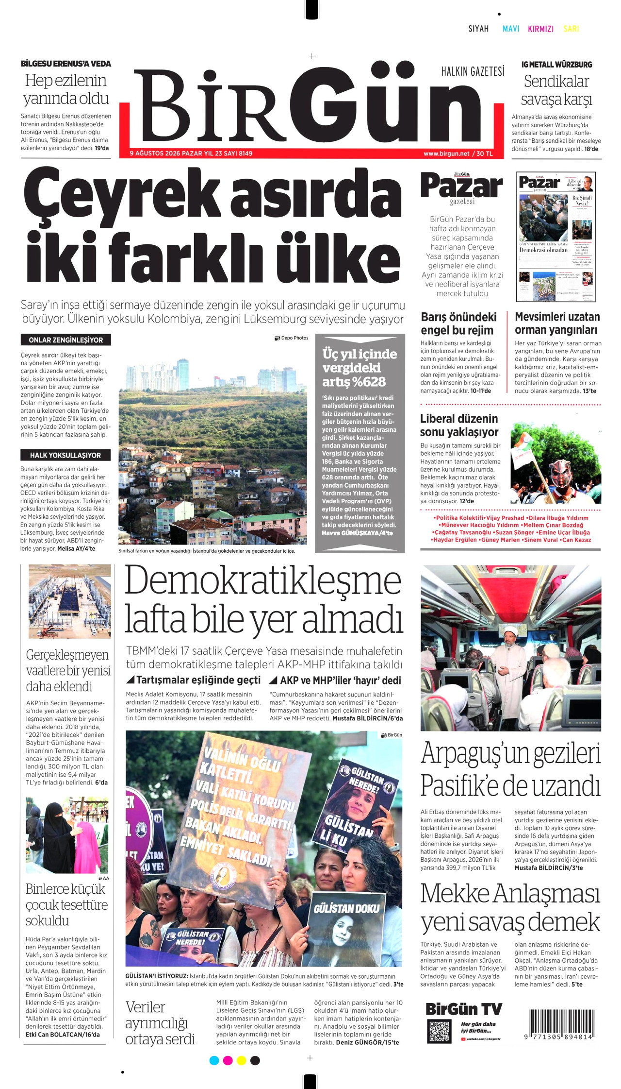 BİRGÜN gazetesinin 9 Ağustos 2026 tarihli birinci sayfası