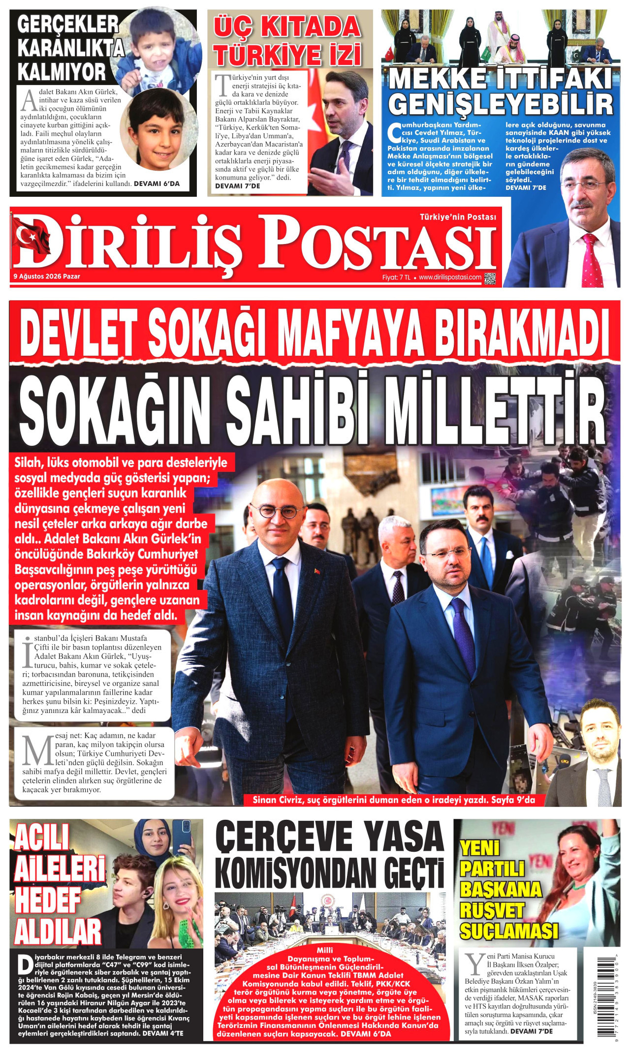 DİRİLİŞ POSTASI gazetesinin 9 Ağustos 2026 tarihli birinci sayfası