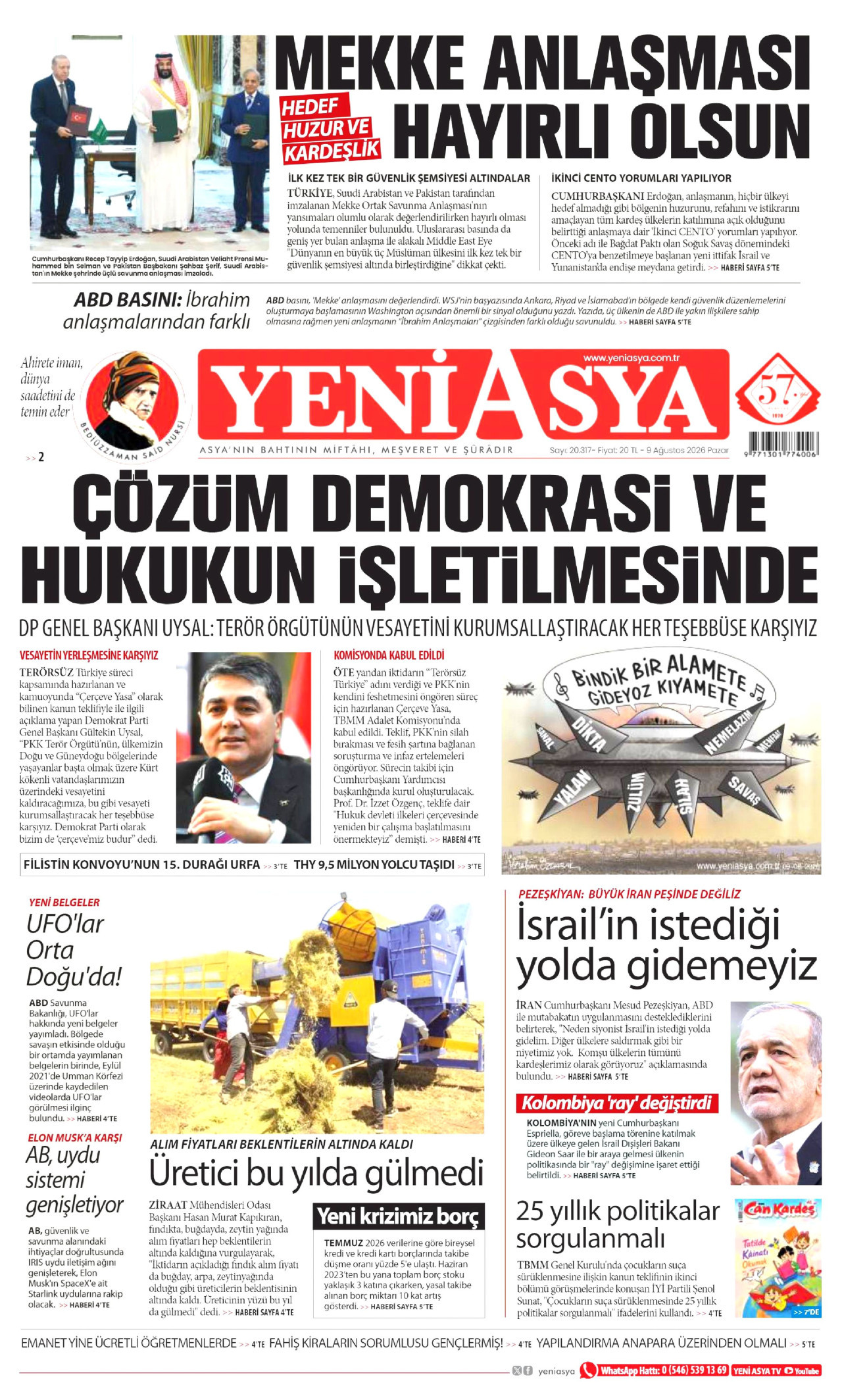 YENİ ASYA gazetesinin 9 Ağustos 2026 tarihli birinci sayfası