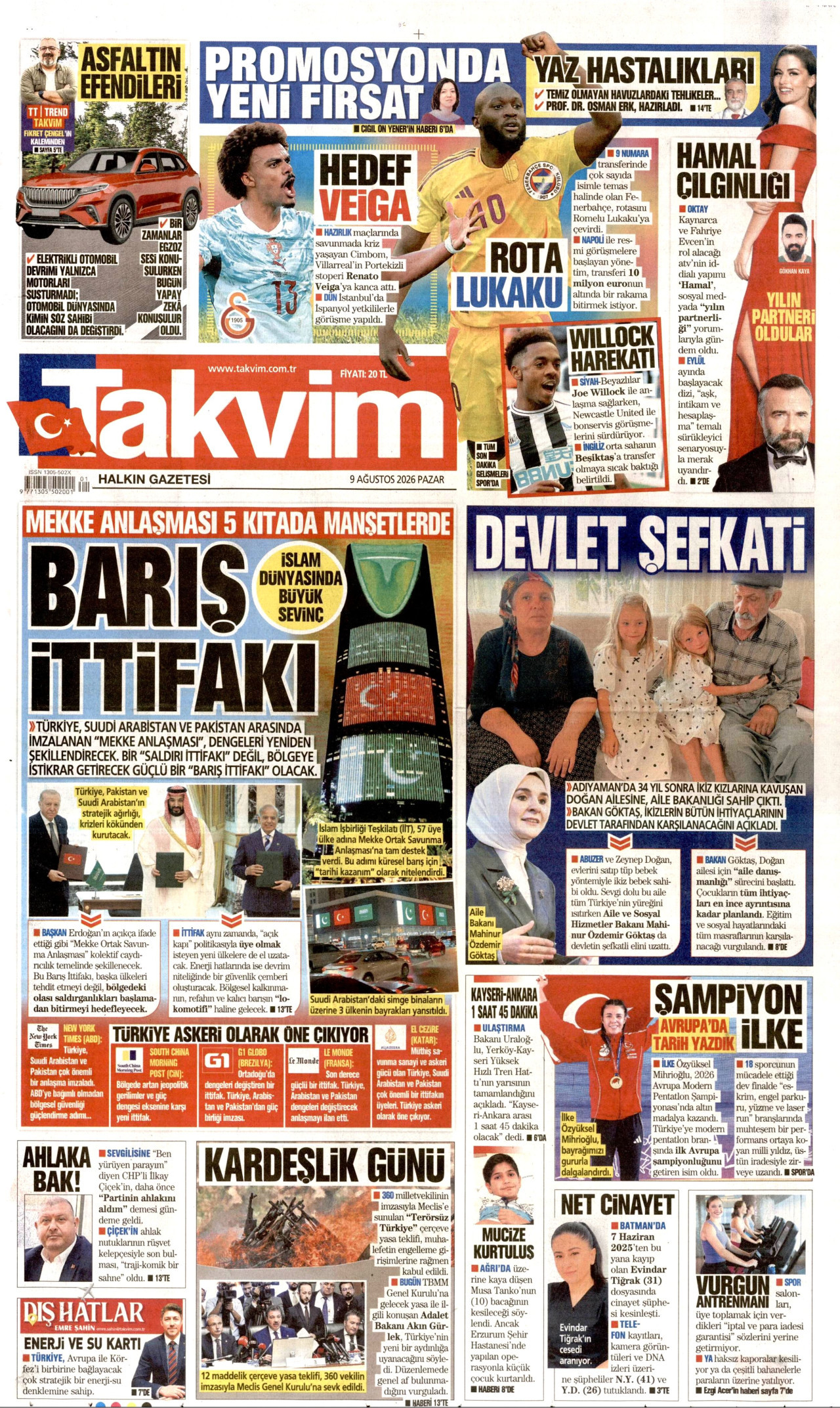 TAKVİM gazetesinin 9 Ağustos 2026 tarihli birinci sayfası