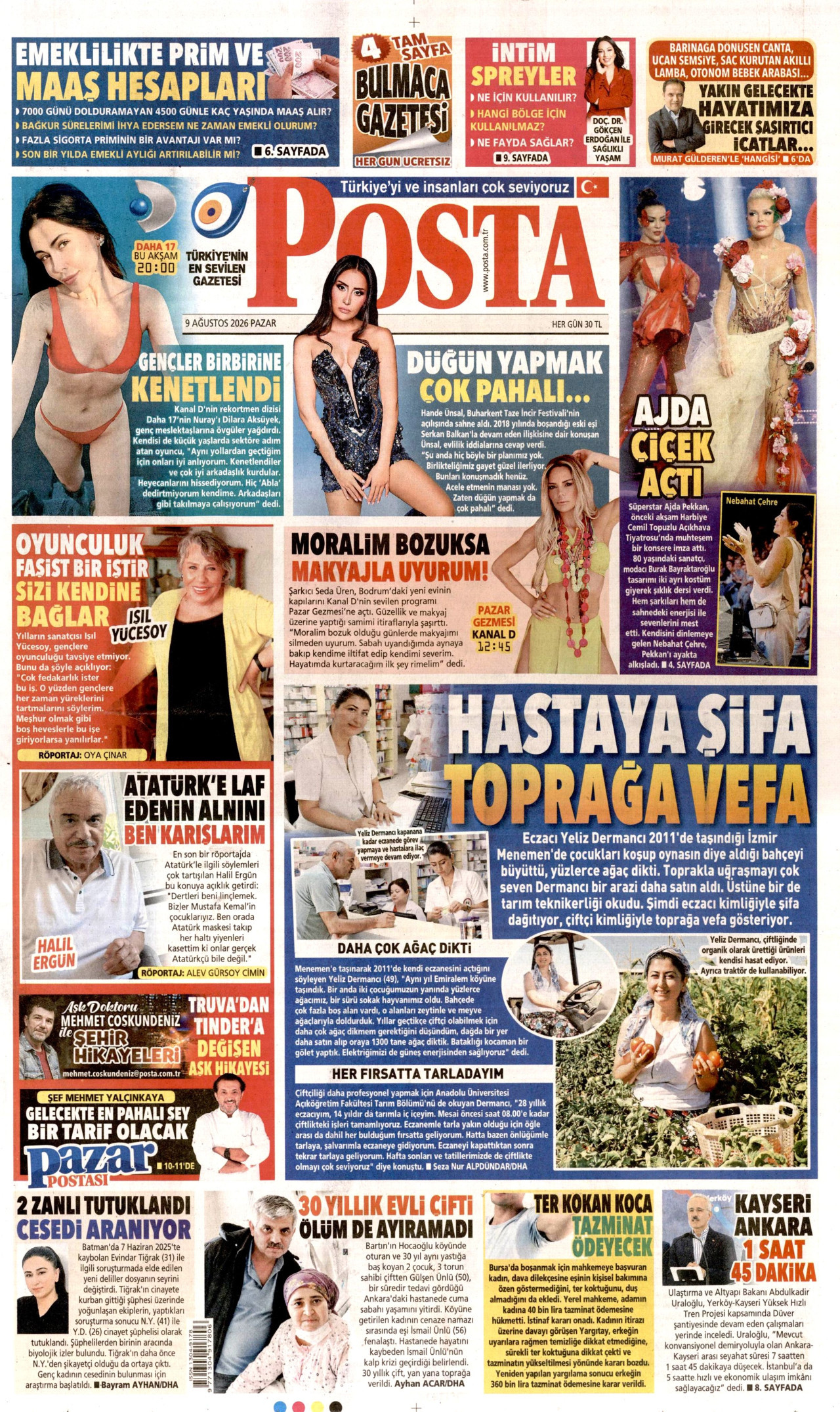 POSTA gazetesinin 9 Ağustos 2026 tarihli birinci sayfası