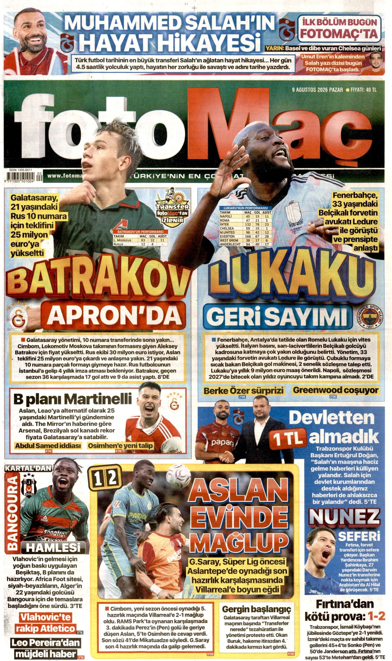 FOTOMAÇ gazetesinin 9 Ağustos 2026 tarihli birinci sayfası