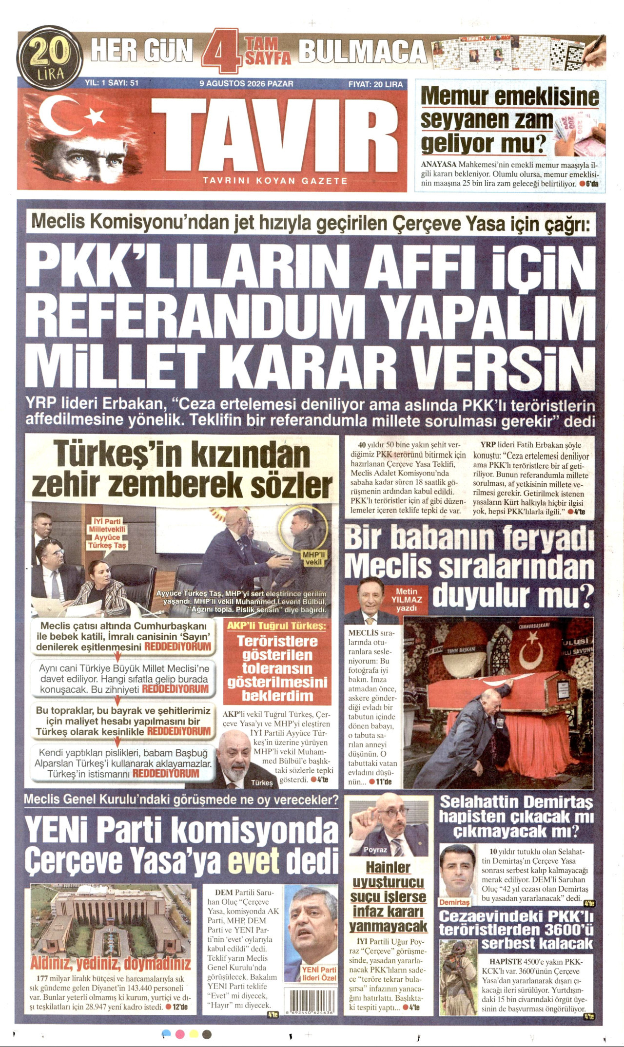 TAVIR GAZETESİ gazetesinin 9 Ağustos 2026 tarihli birinci sayfası