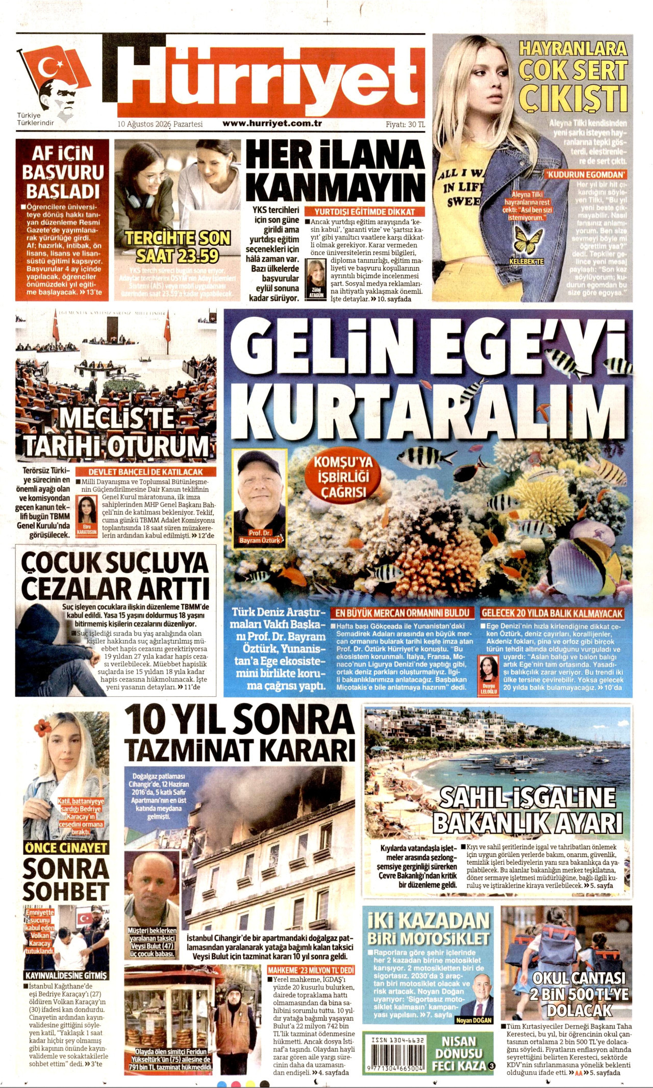 HÜRRİYET gazetesinin 10 Ağustos 2026 tarihli birinci sayfası