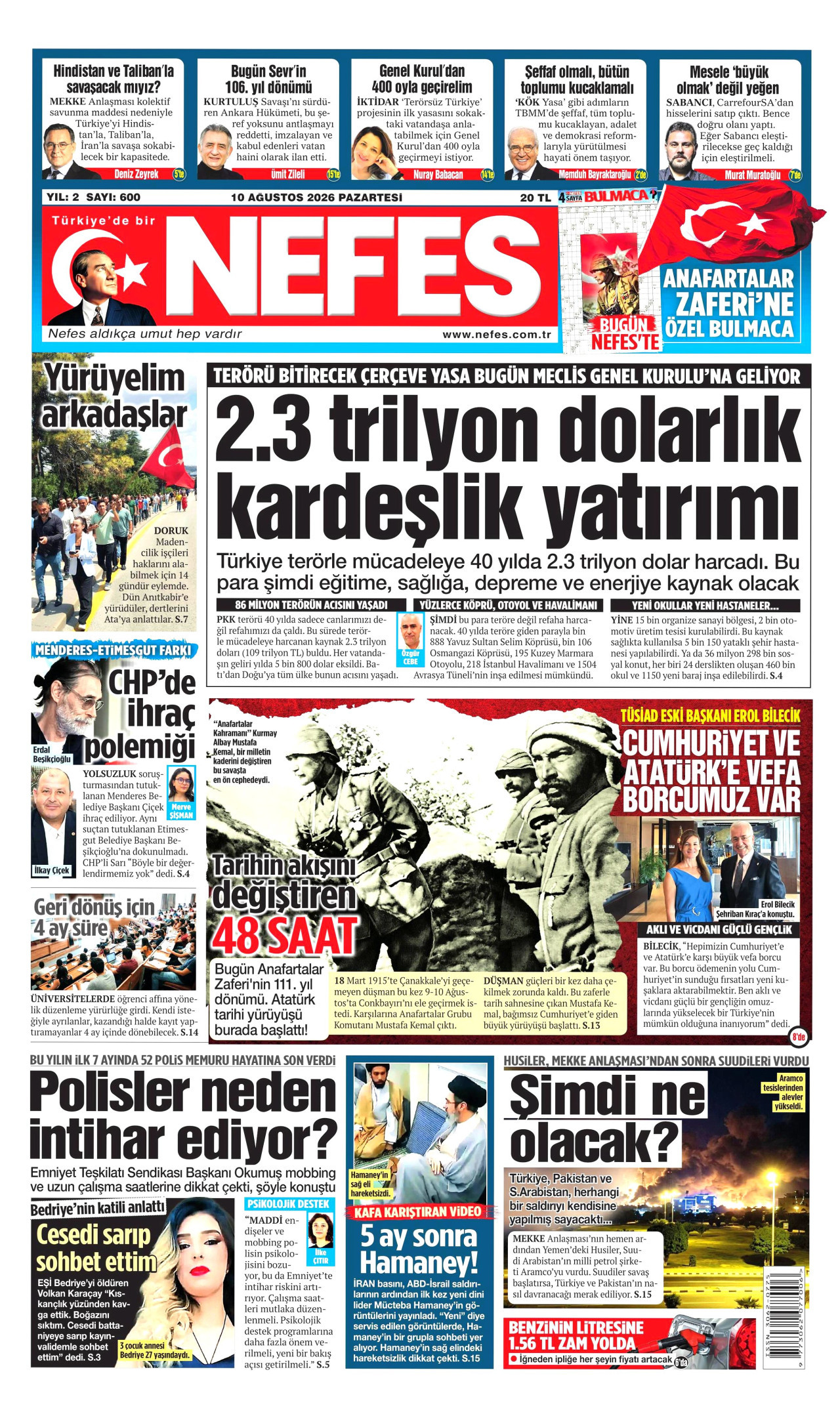 NEFES gazetesinin 10 Ağustos 2026 tarihli birinci sayfası
