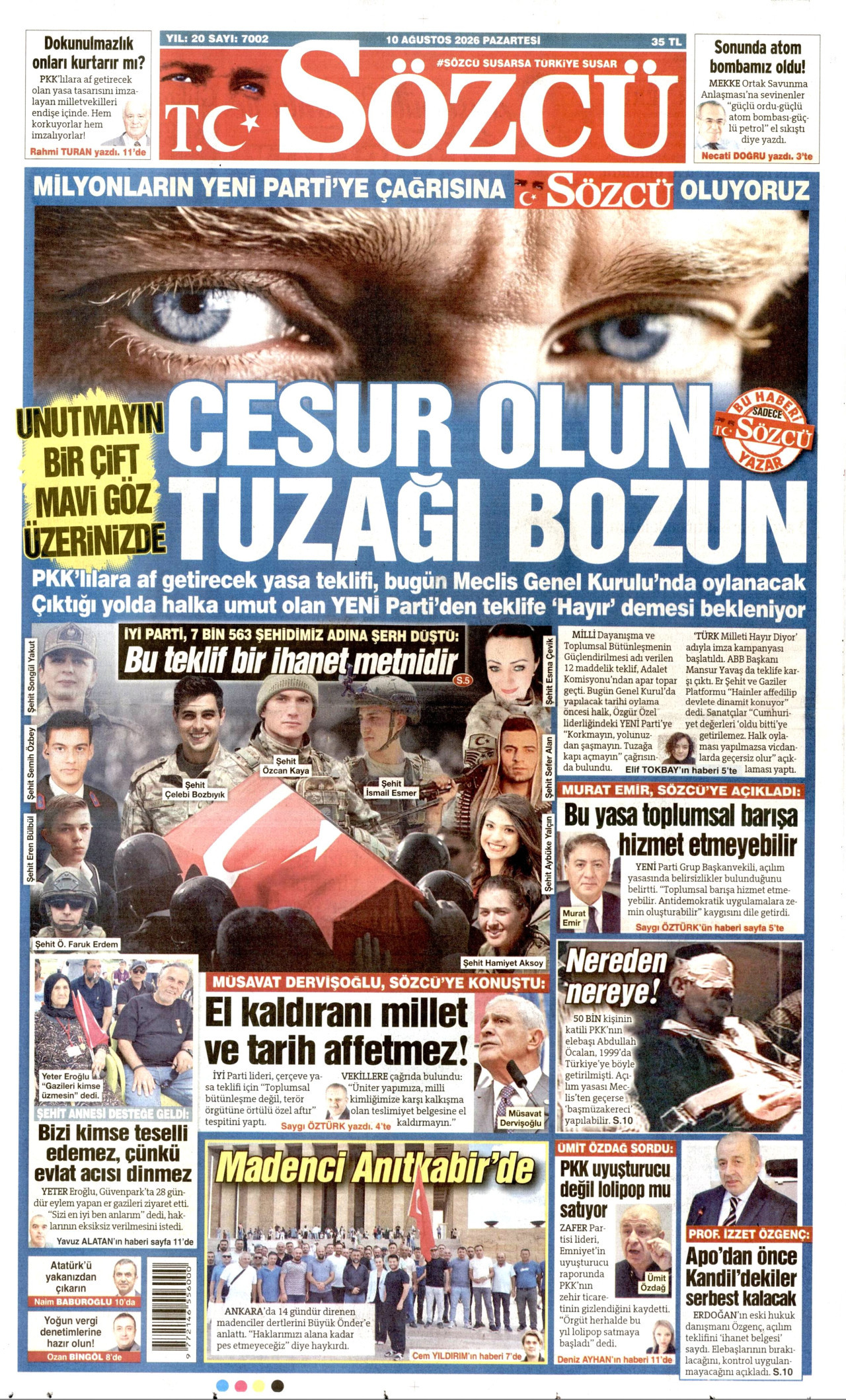 SÖZCÜ gazetesinin 10 Ağustos 2026 tarihli birinci sayfası