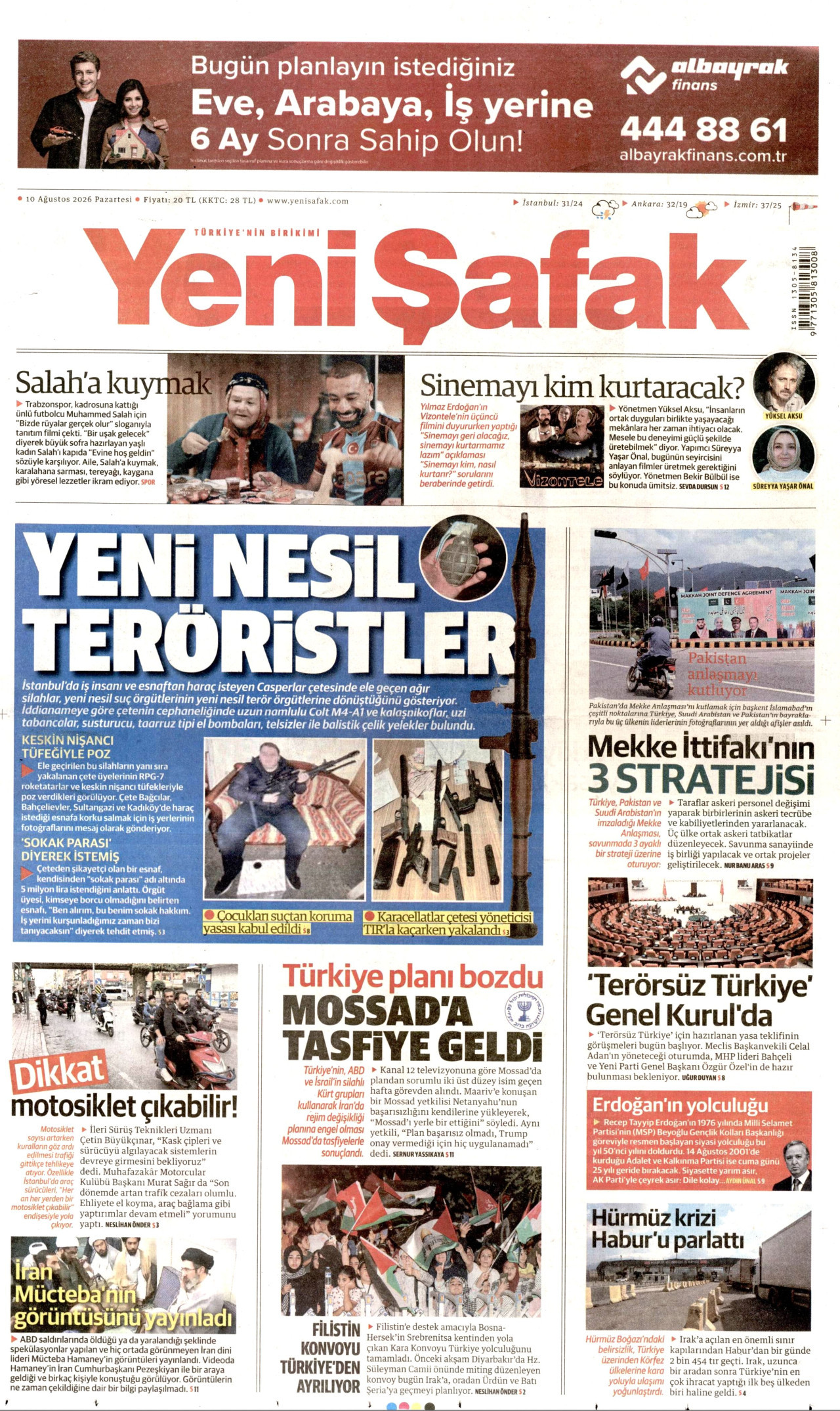 YENİ ŞAFAK gazetesinin 10 Ağustos 2026 tarihli birinci sayfası