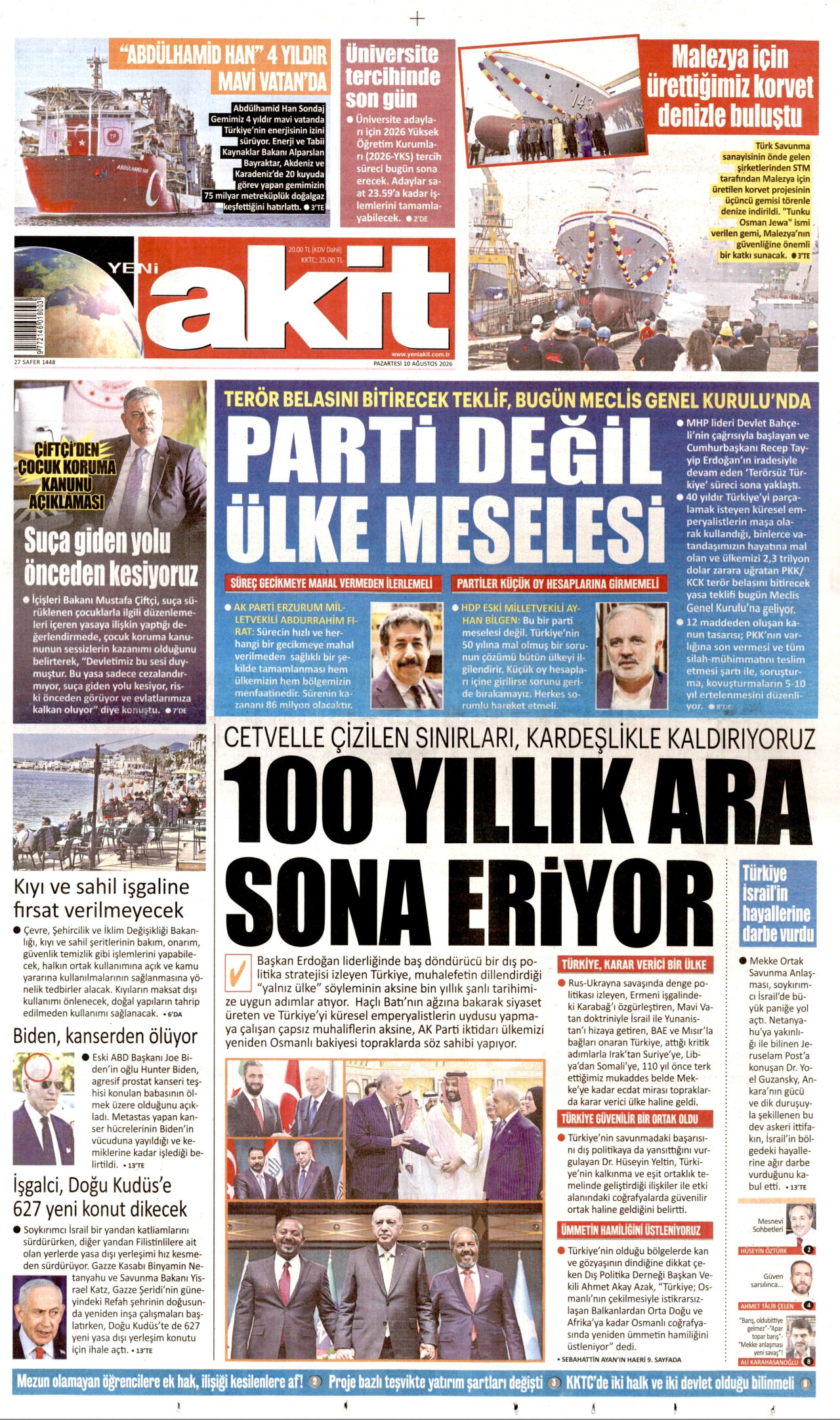 YENİ AKİT gazetesinin 10 Ağustos 2026 tarihli birinci sayfası