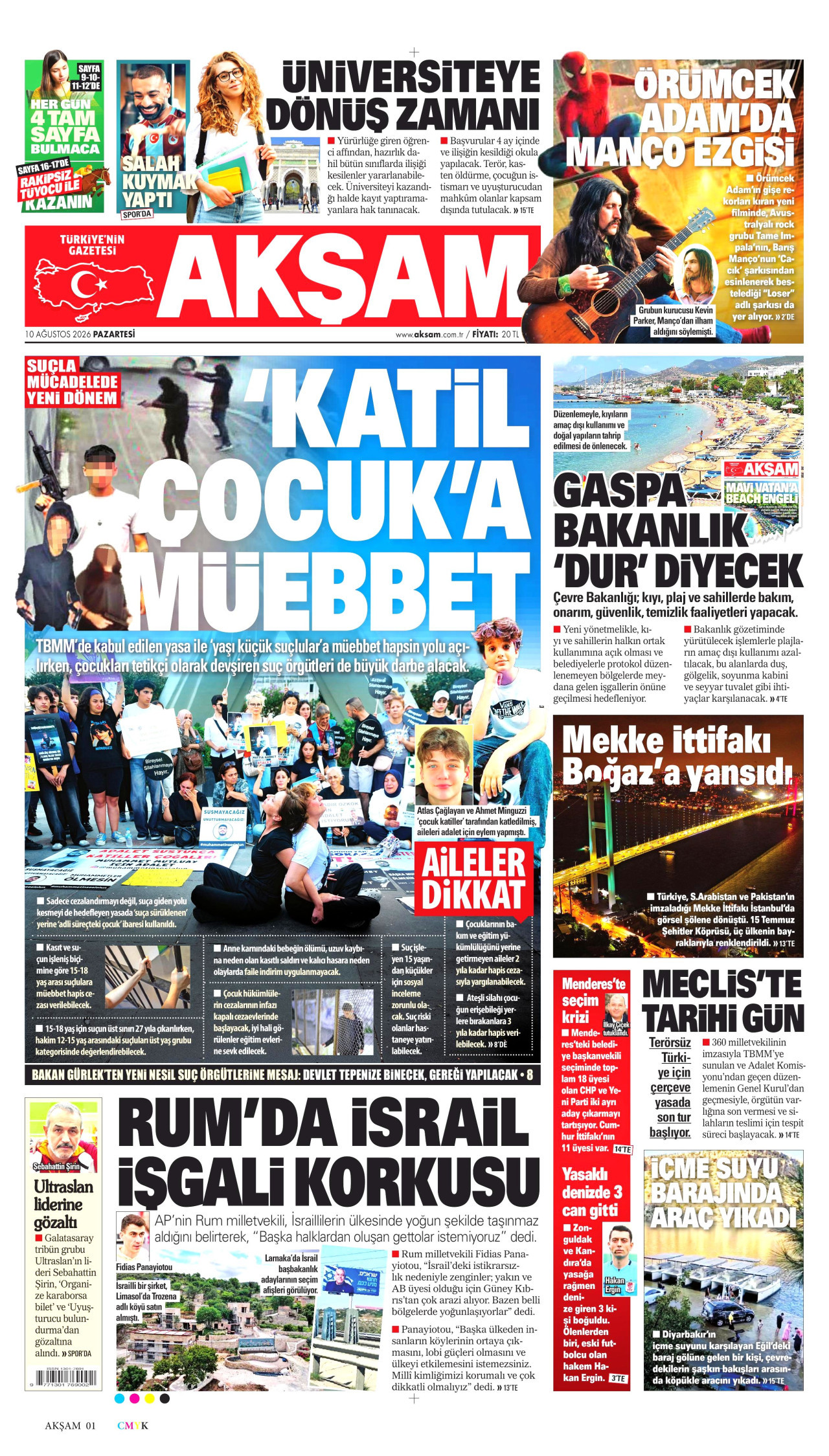 AKŞAM gazetesinin 10 Ağustos 2026 tarihli birinci sayfası