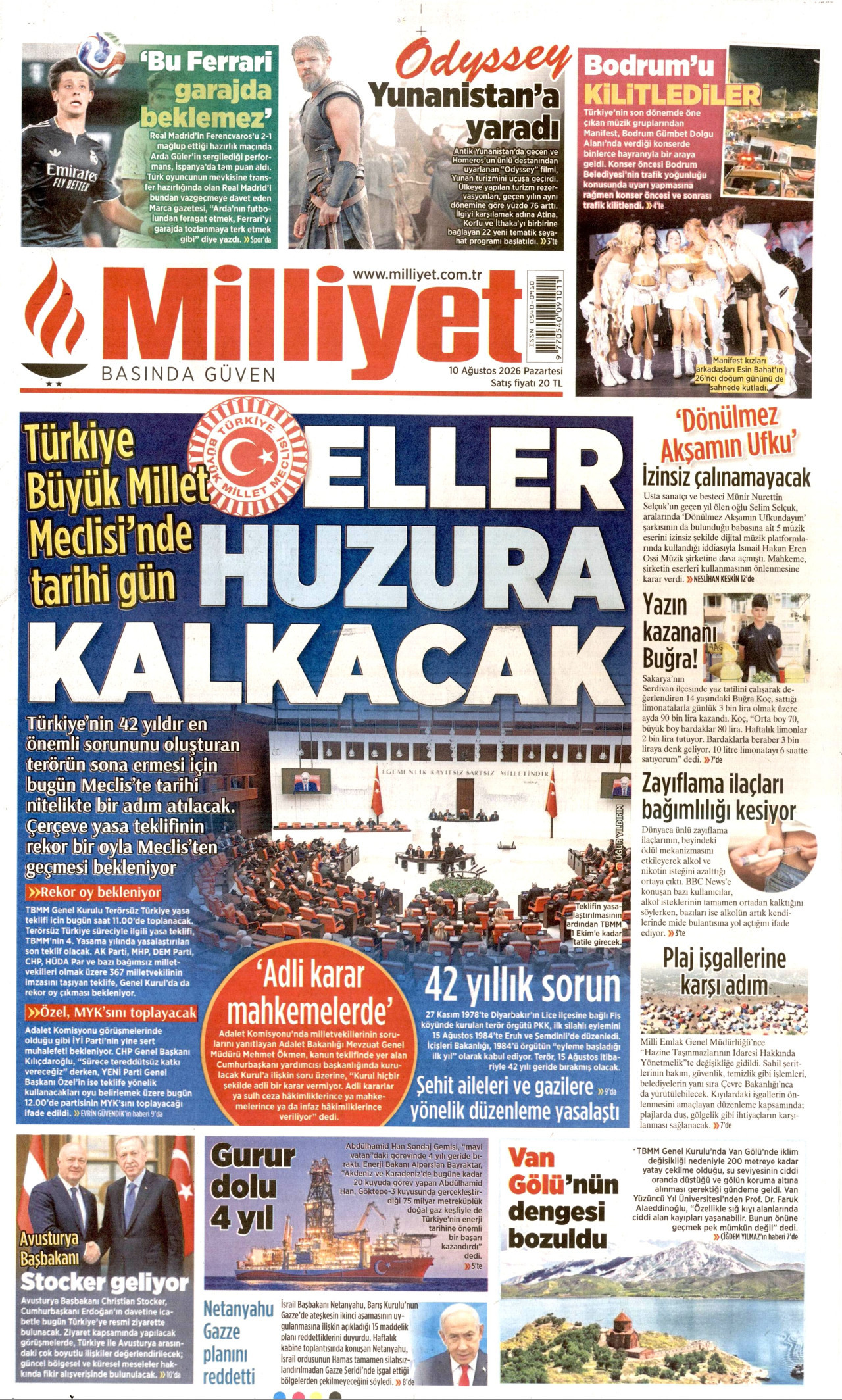 MİLLİYET gazetesinin 10 Ağustos 2026 tarihli birinci sayfası