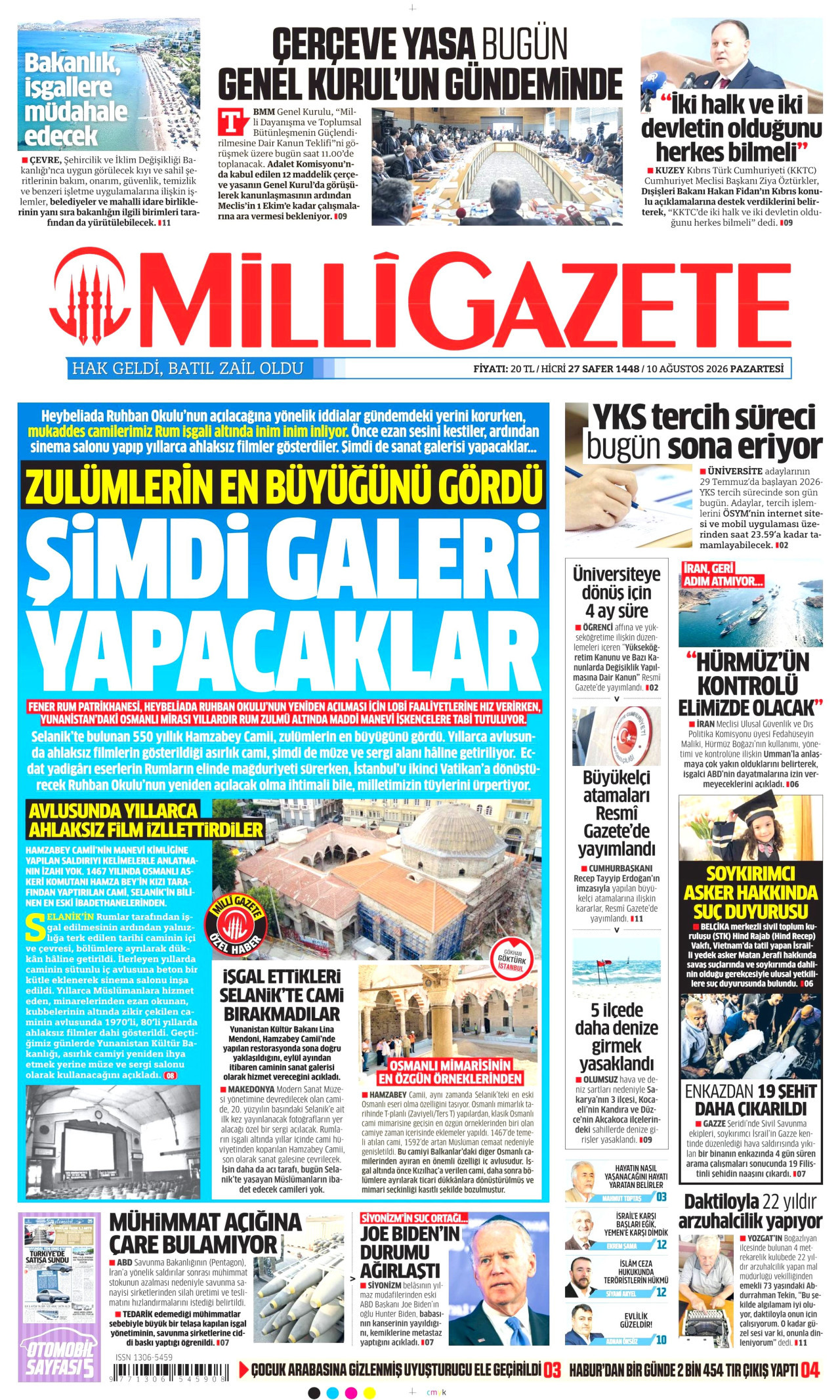 MİLLİ GAZETE gazetesinin 10 Ağustos 2026 tarihli birinci sayfası