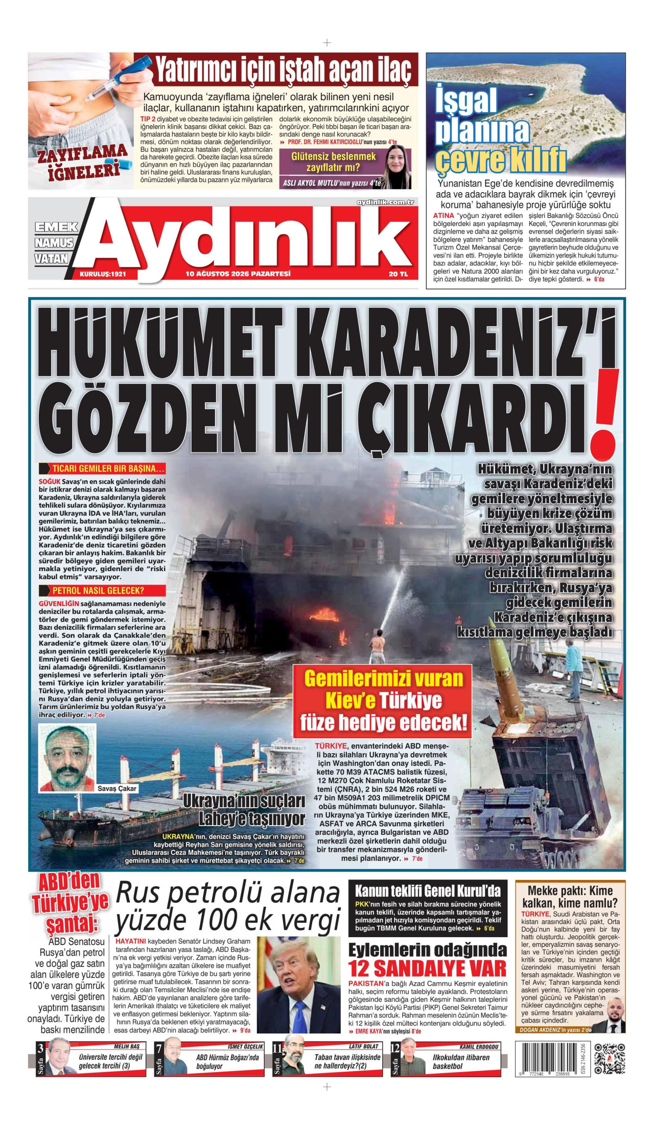 AYDINLIK GAZETESİ gazetesinin 10 Ağustos 2026 tarihli birinci sayfası