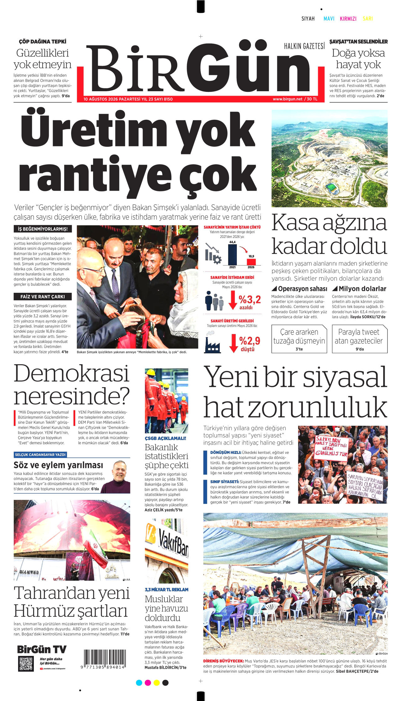 BİRGÜN gazetesinin 10 Ağustos 2026 tarihli birinci sayfası