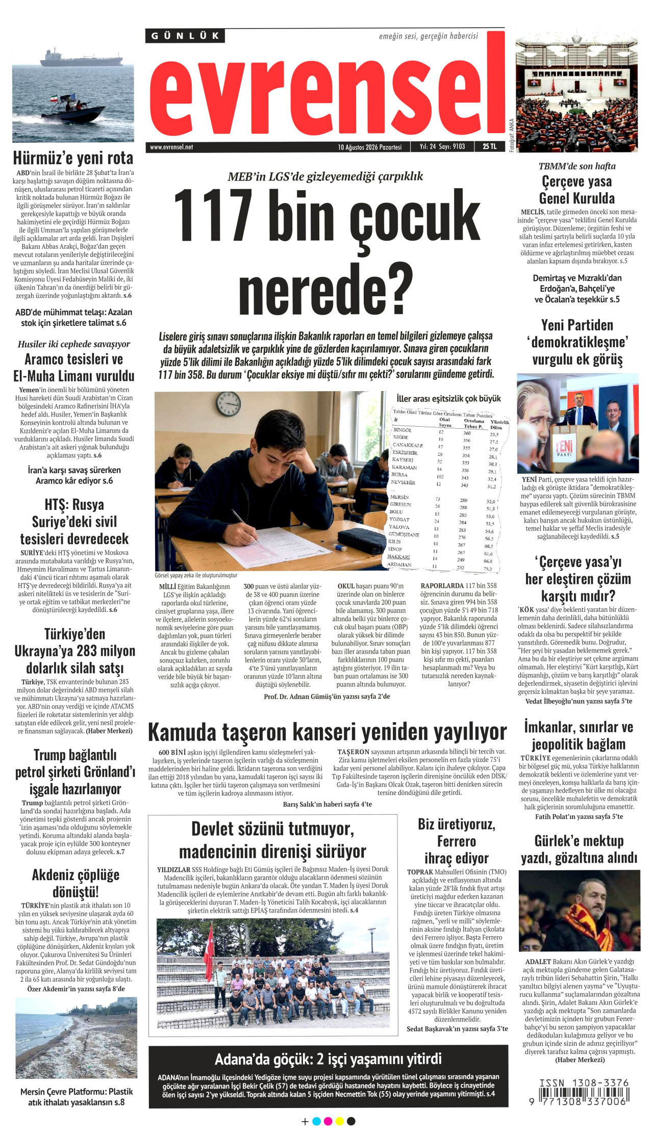 EVRENSEL gazetesinin 10 Ağustos 2026 tarihli birinci sayfası