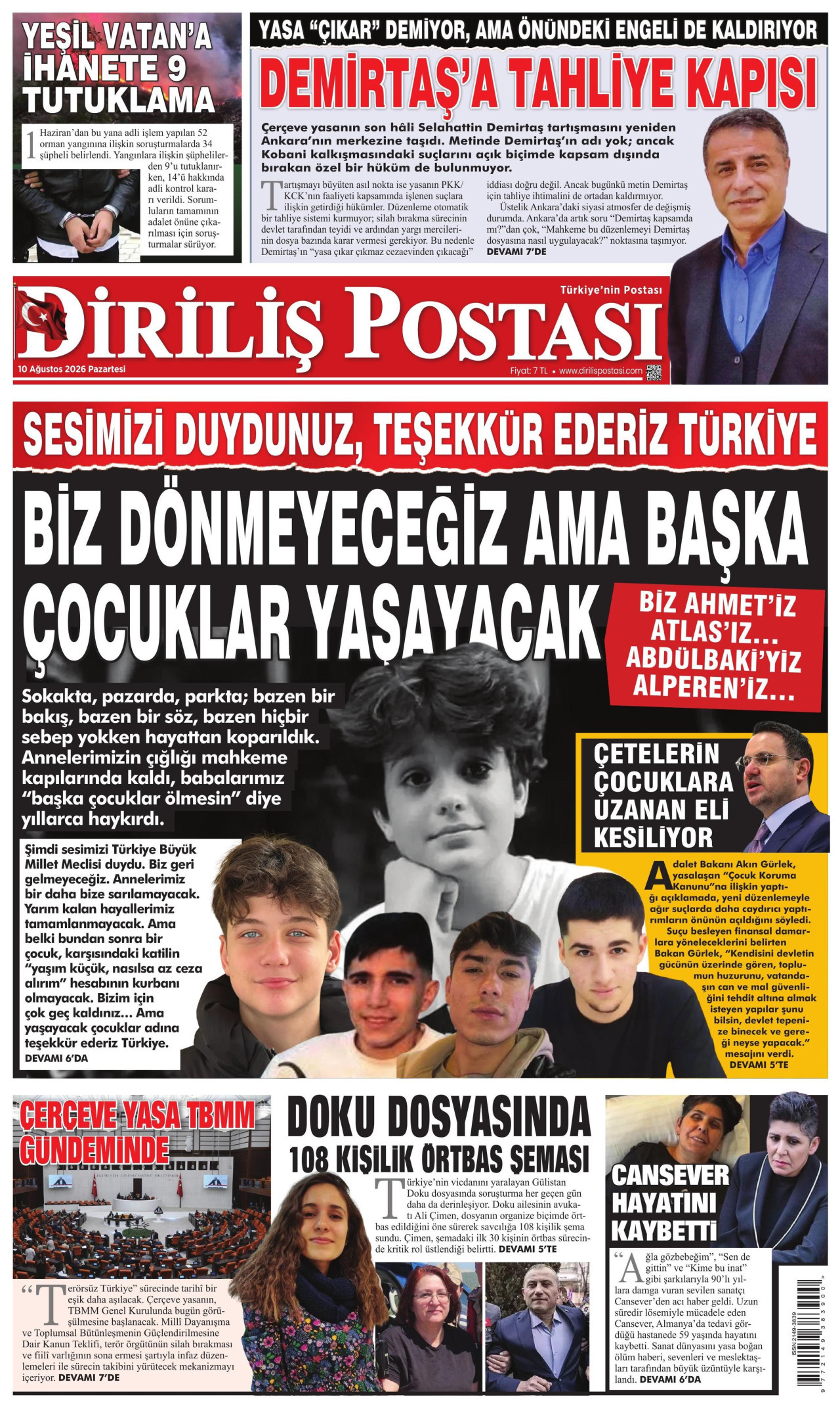DİRİLİŞ POSTASI gazetesinin 10 Ağustos 2026 tarihli birinci sayfası