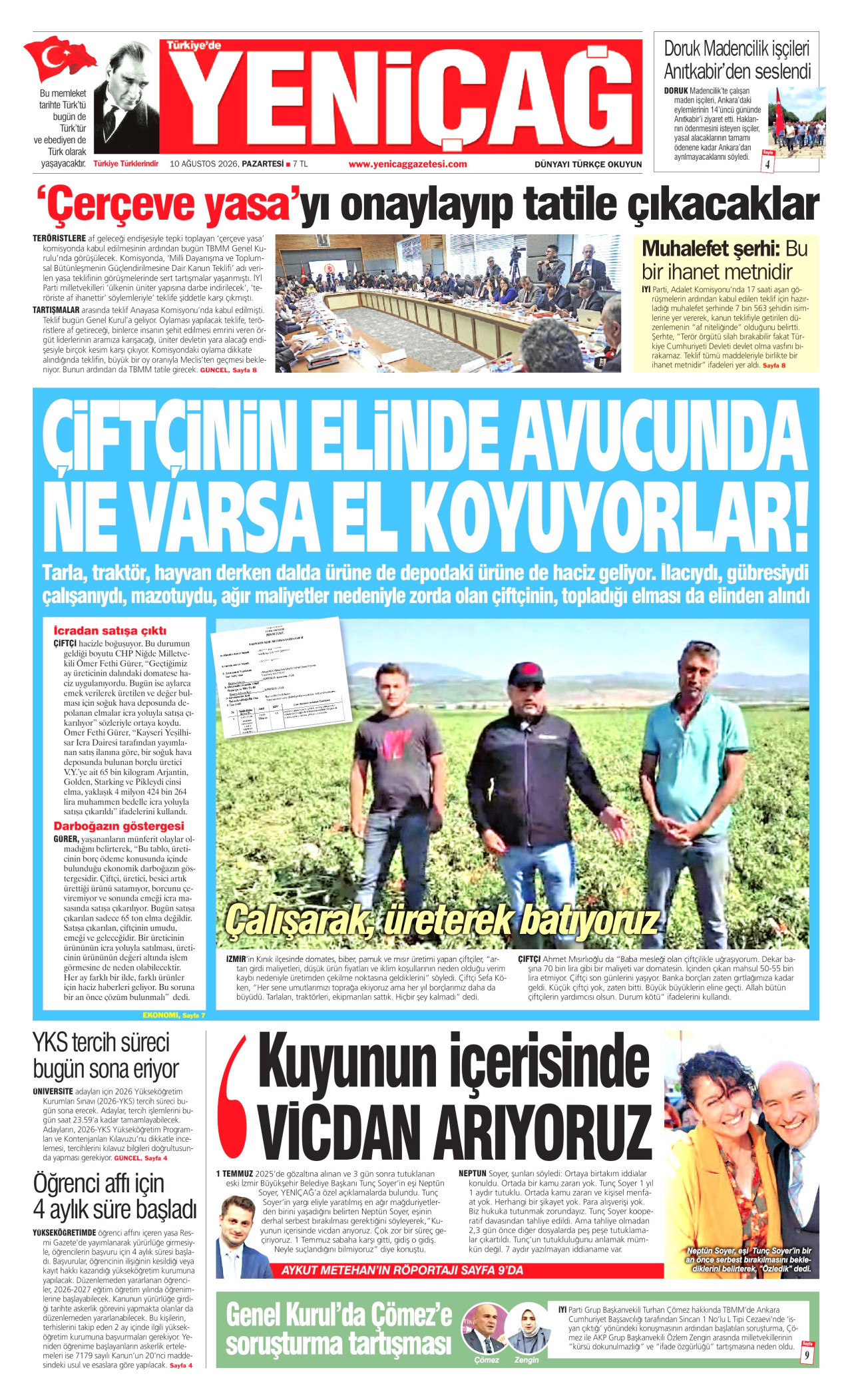 YENİÇAĞ gazetesinin 10 Ağustos 2026 tarihli birinci sayfası