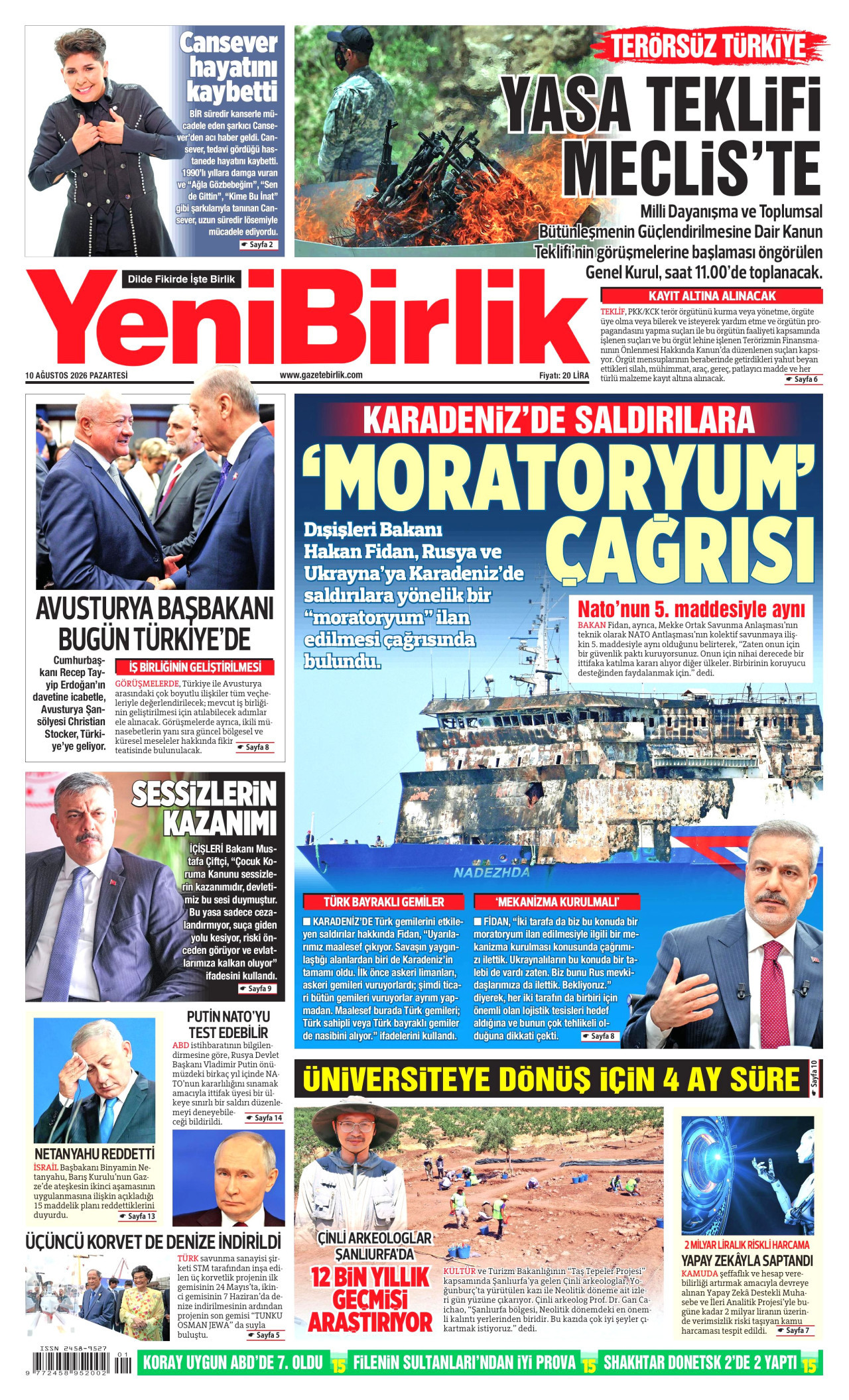 YENİBİRLİK gazetesinin 10 Ağustos 2026 tarihli birinci sayfası