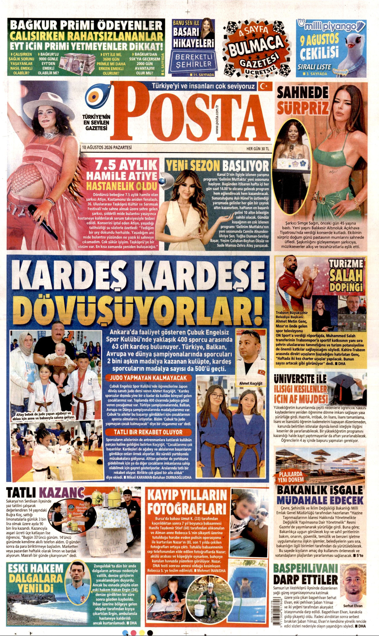 POSTA gazetesinin 10 Ağustos 2026 tarihli birinci sayfası