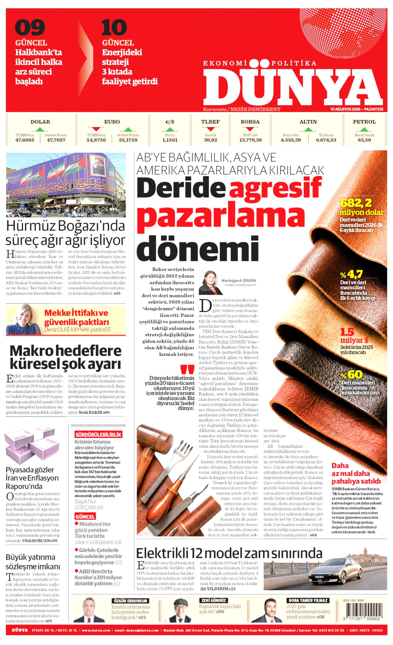 DÜNYA gazetesinin 10 Ağustos 2026 tarihli birinci sayfası