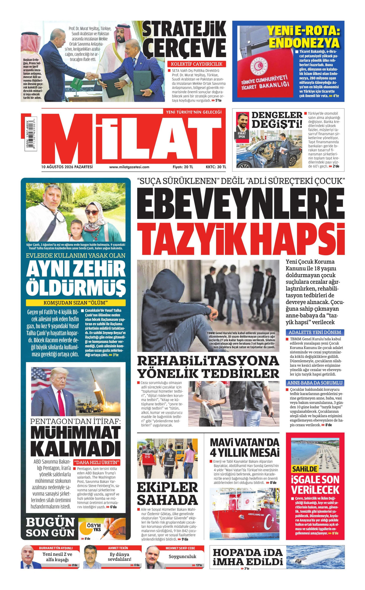 MİLAT gazetesinin 10 Ağustos 2026 tarihli birinci sayfası