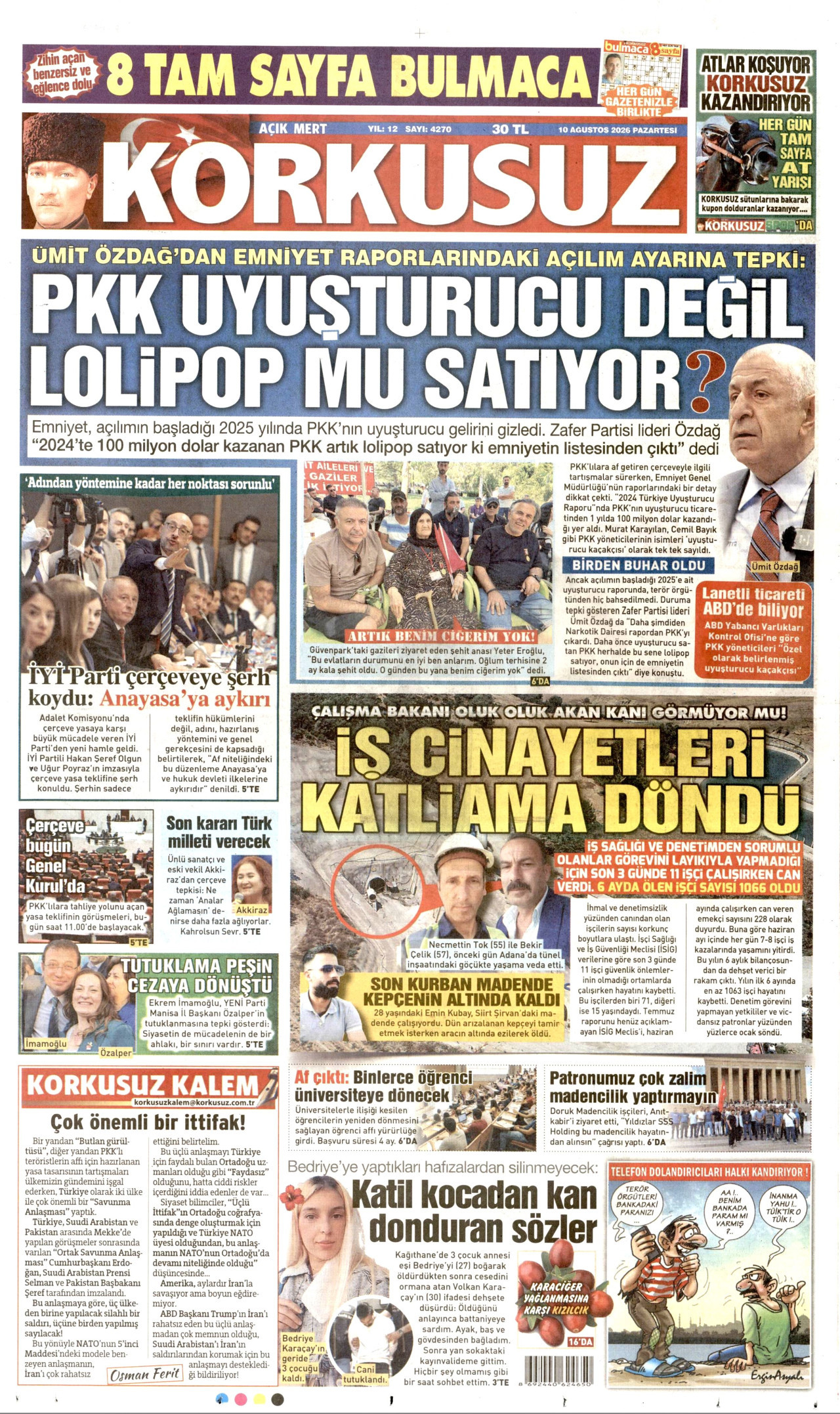 KORKUSUZ gazetesinin 10 Ağustos 2026 tarihli birinci sayfası