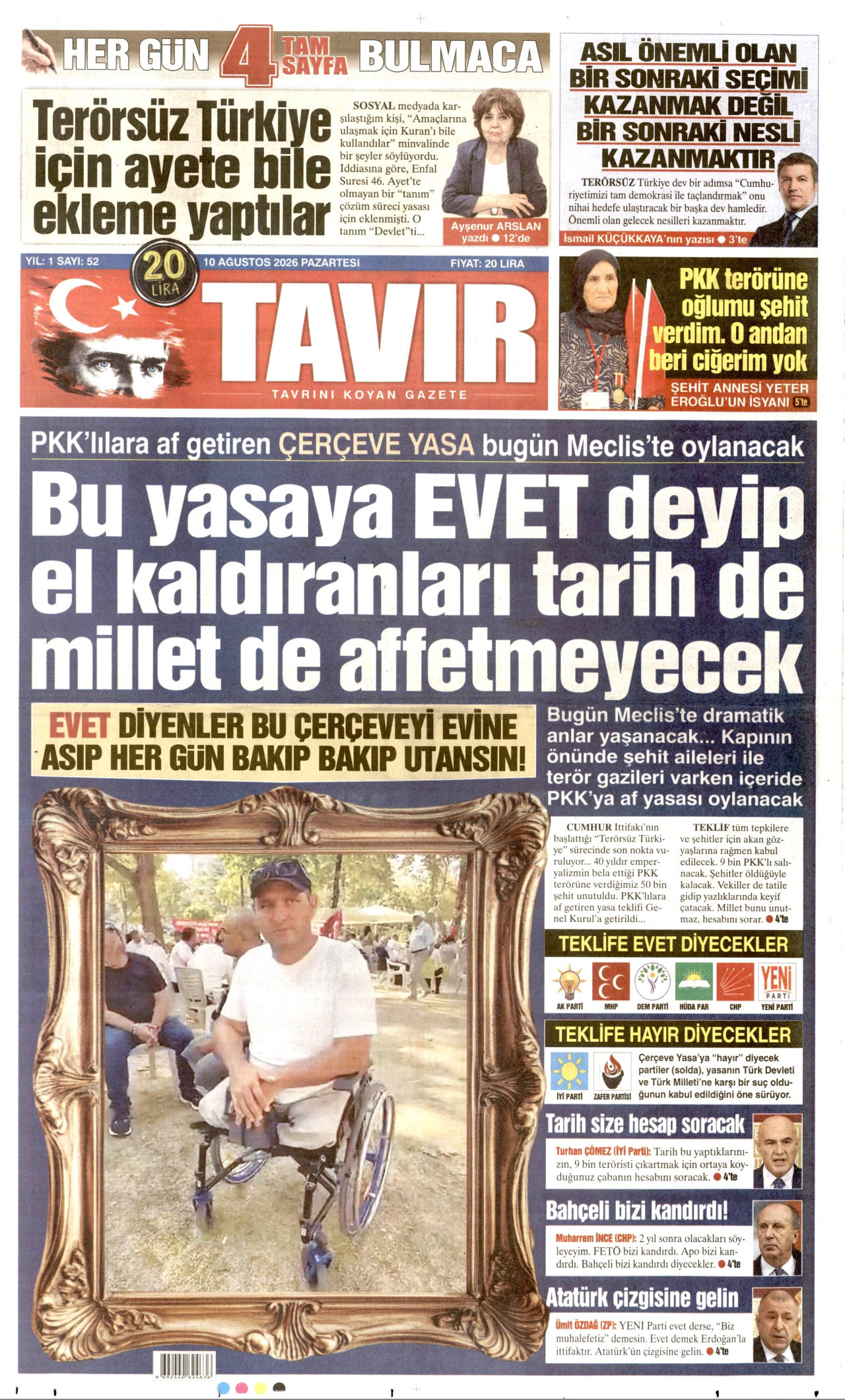 TAVIR GAZETESİ gazetesinin 10 Ağustos 2026 tarihli birinci sayfası