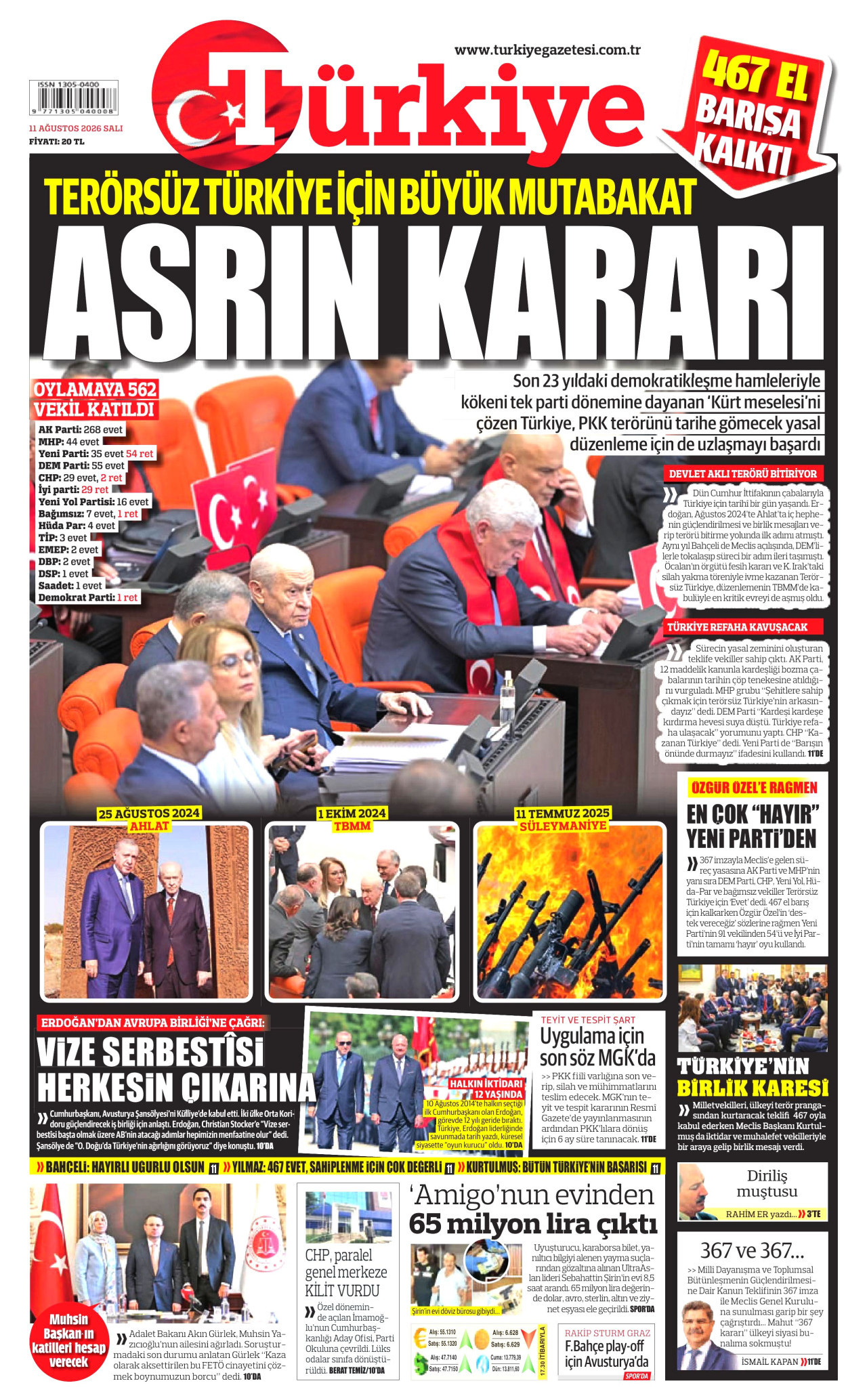 TÜRKİYE GAZETESİ gazetesinin 11 Ağustos 2026 tarihli birinci sayfası