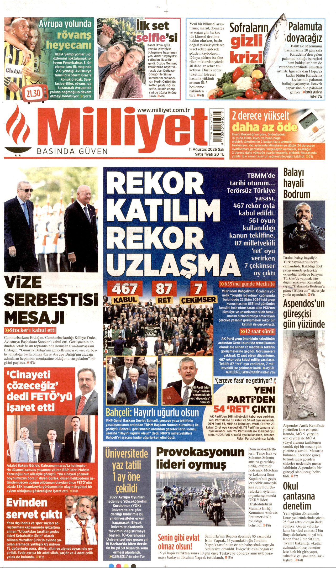 MİLLİYET gazetesinin 11 Ağustos 2026 tarihli birinci sayfası