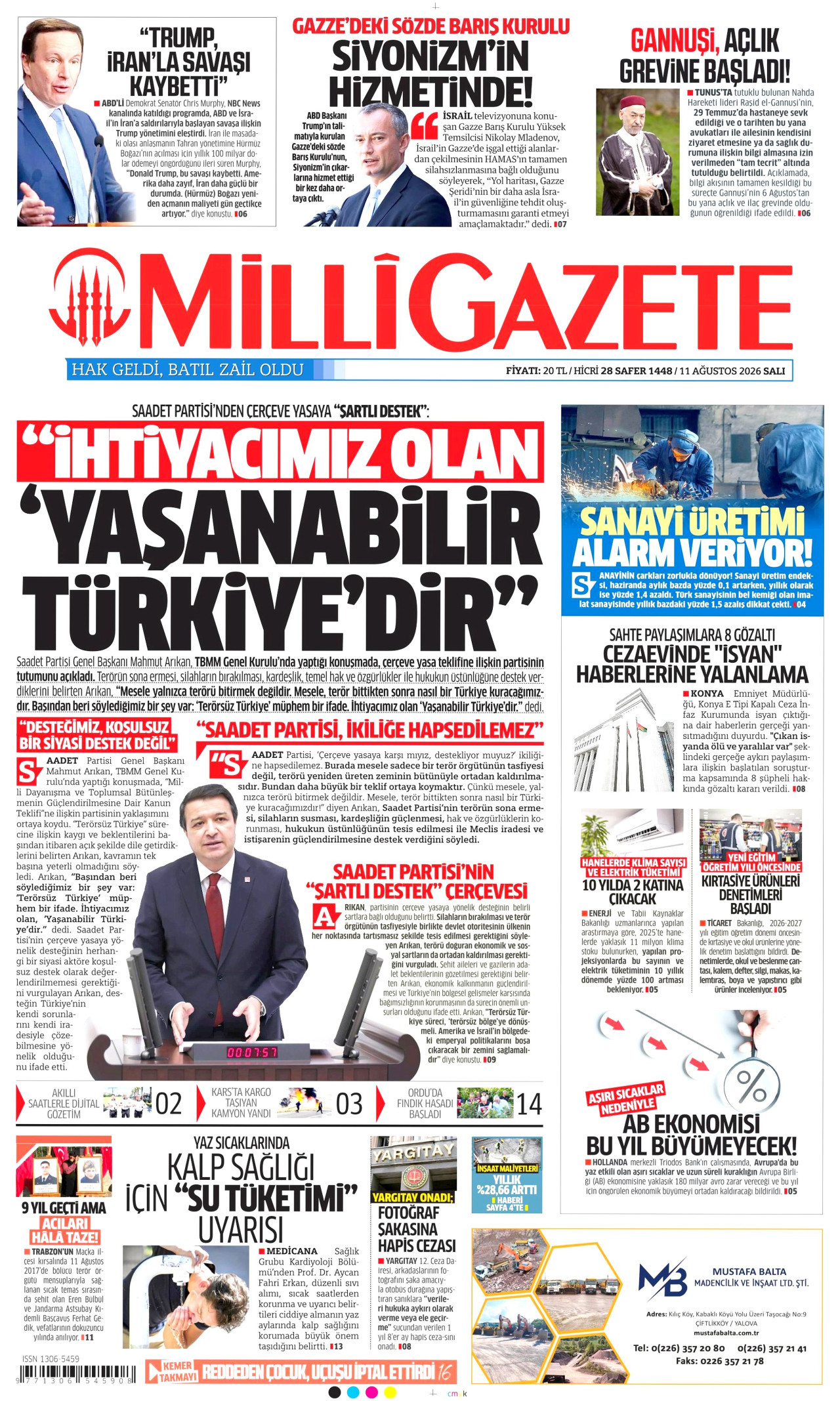 MİLLİ GAZETE gazetesinin 11 Ağustos 2026 tarihli birinci sayfası