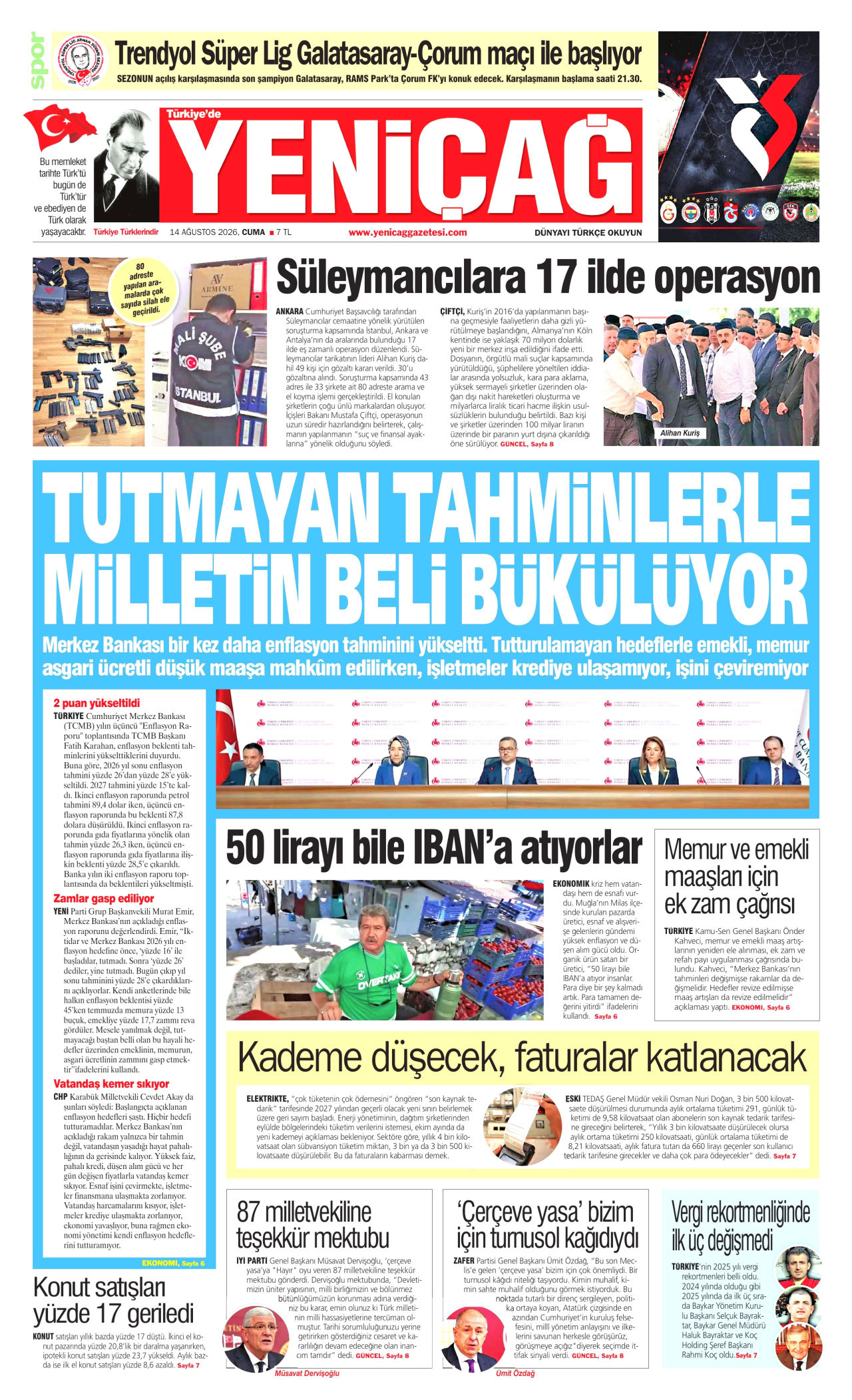 YENİÇAĞ 14 Ağustos 2026 Gazete Manşeti Büyük