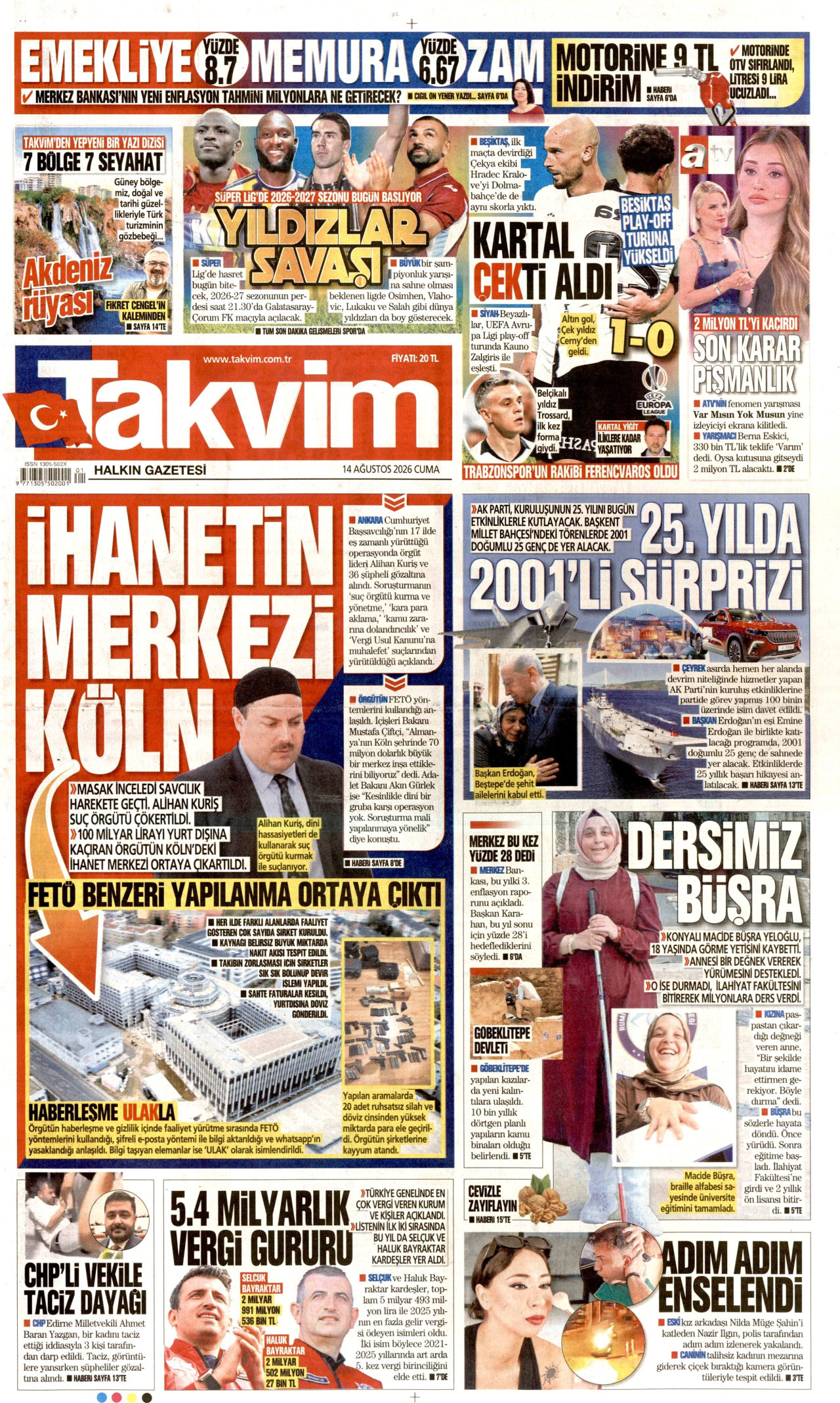 TAKVİM 14 Ağustos 2026 Gazete Manşeti Büyük