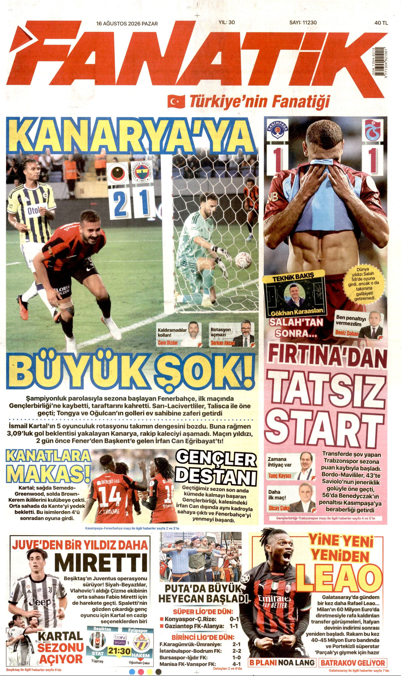 FANATİK 16 Ağustos 2026 Gazete Manşeti Büyük