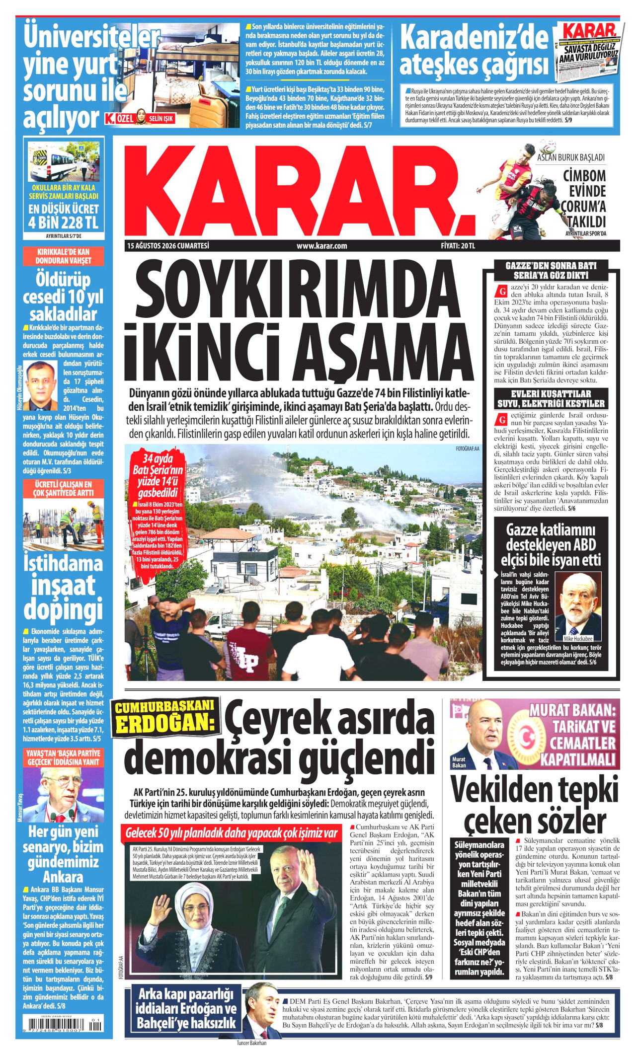 KARAR gazetesinin 15 Ağustos 2026 tarihli birinci sayfası