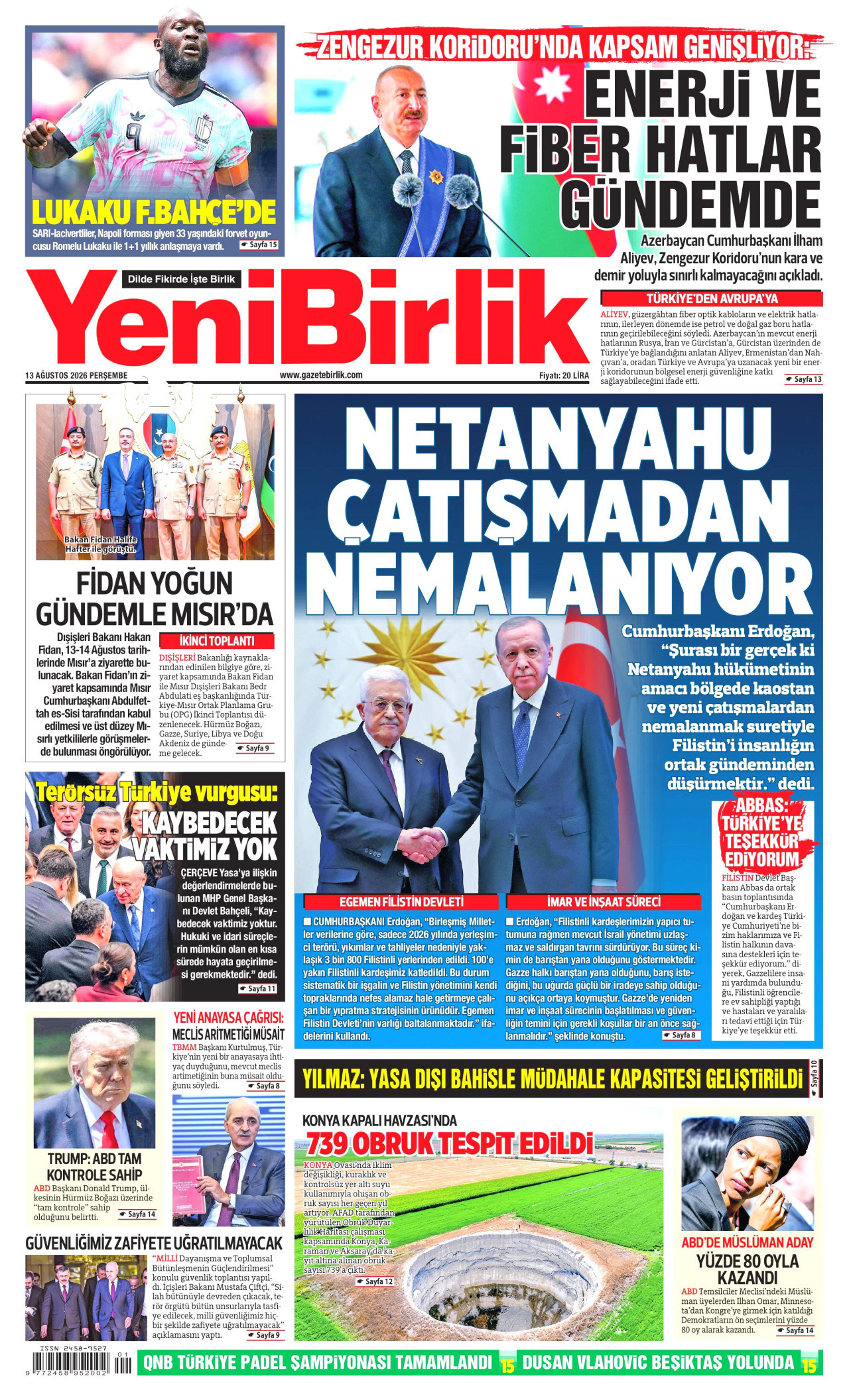 YENİBİRLİK gazetesinin 13 Ağustos 2026 tarihli birinci sayfası