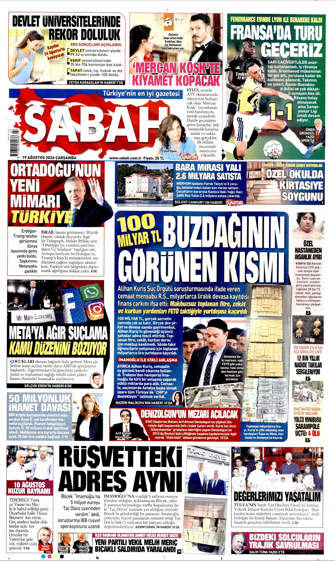 SABAH 19 Ağustos 2026 Gazete Manşeti Büyük